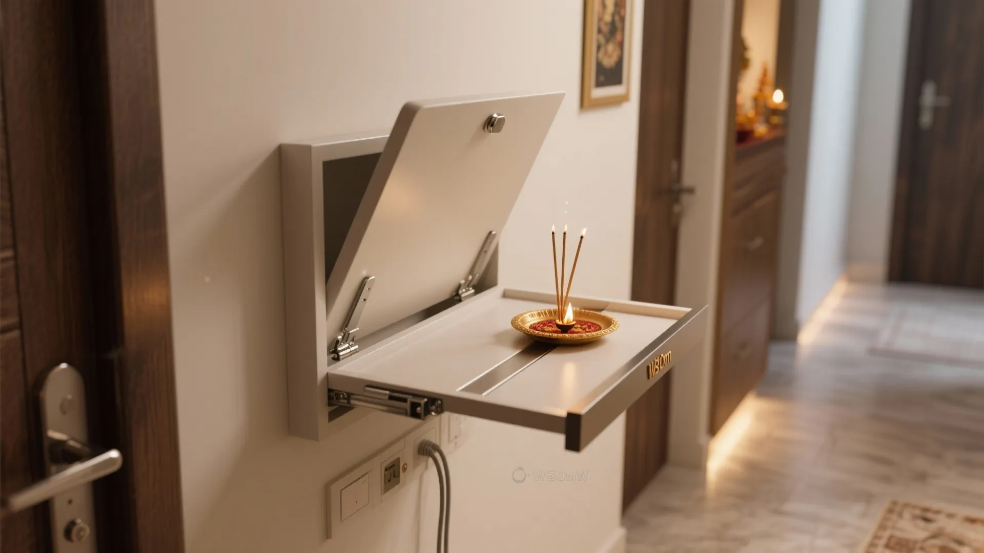 Fold down white wall cabinet used as a small altar with burning incense in a hallway