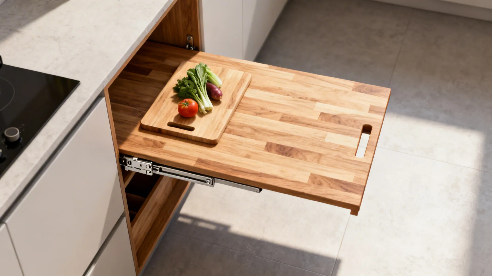 Top-down view of a fold-down butcher block prep surface extended in a small kitchen