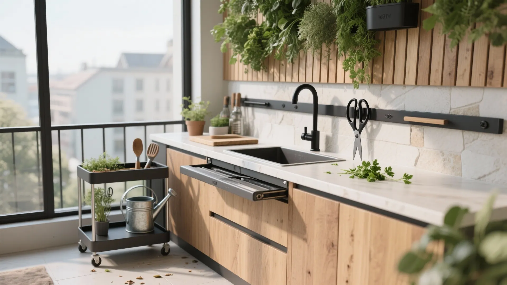 Fold-down prep ledge and mobile carts