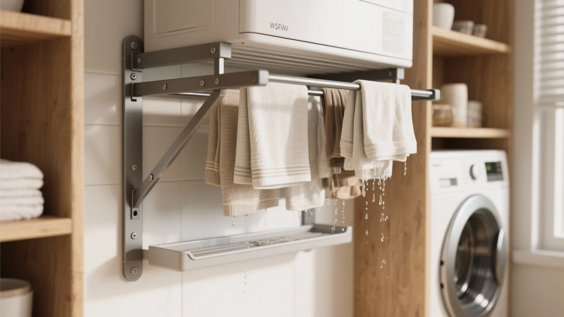 Wall mounted metal drying rack with wet towels dripping water into a tray below it