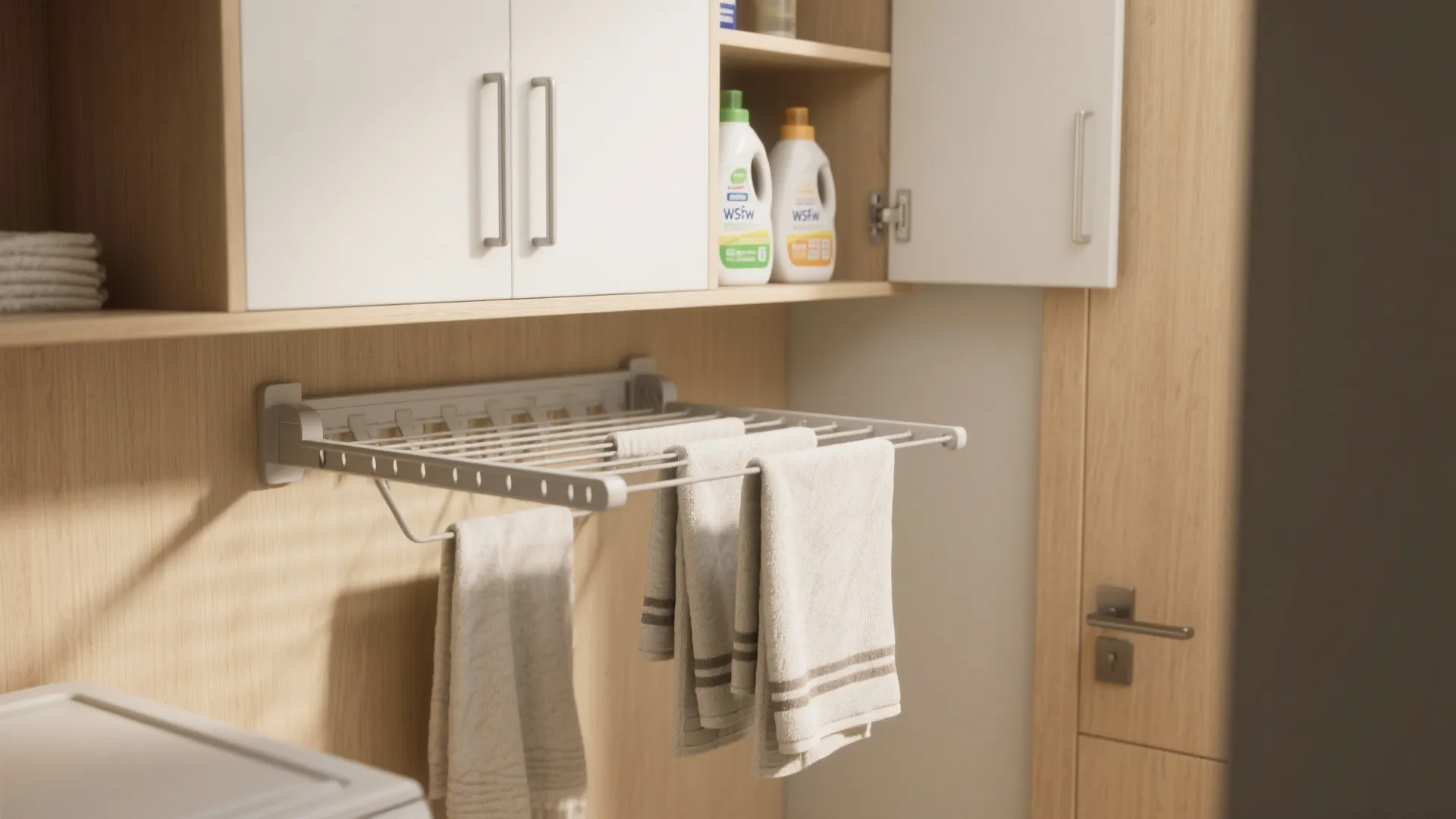1. Fold-down drying rack with shallow wall cabinets