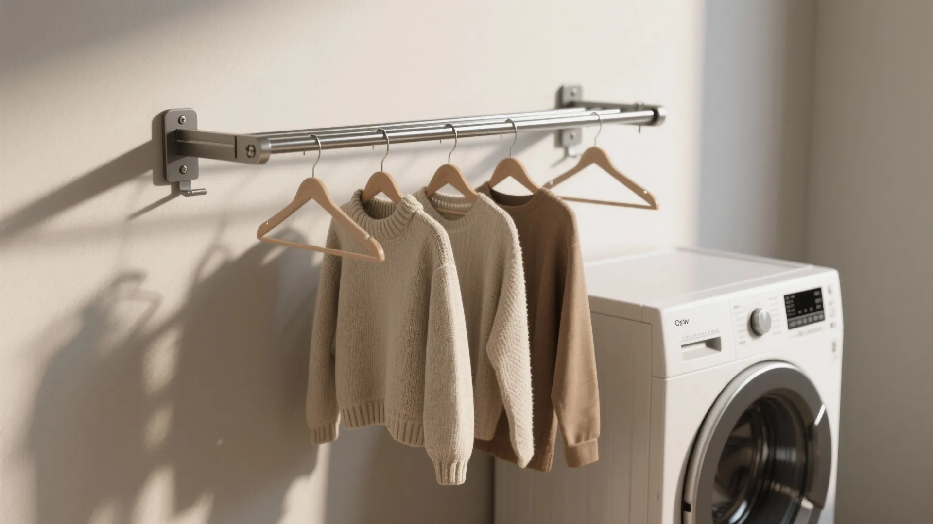 Metal wall drying rack with sweaters on hangers above a white front loading washing machine