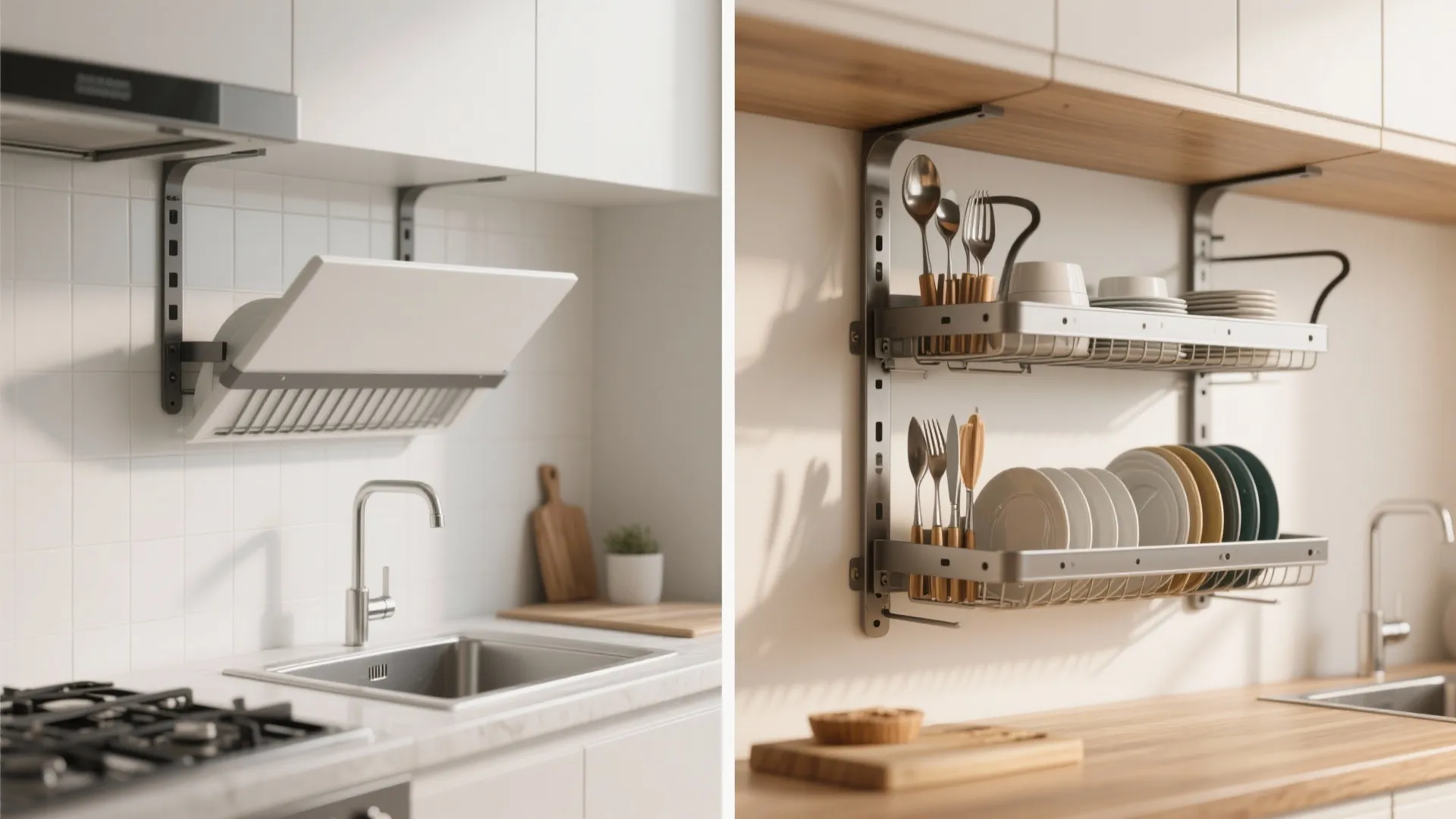 Wall mounted kitchen dish rack showing folded and open positions holding plates bowls and cutlery