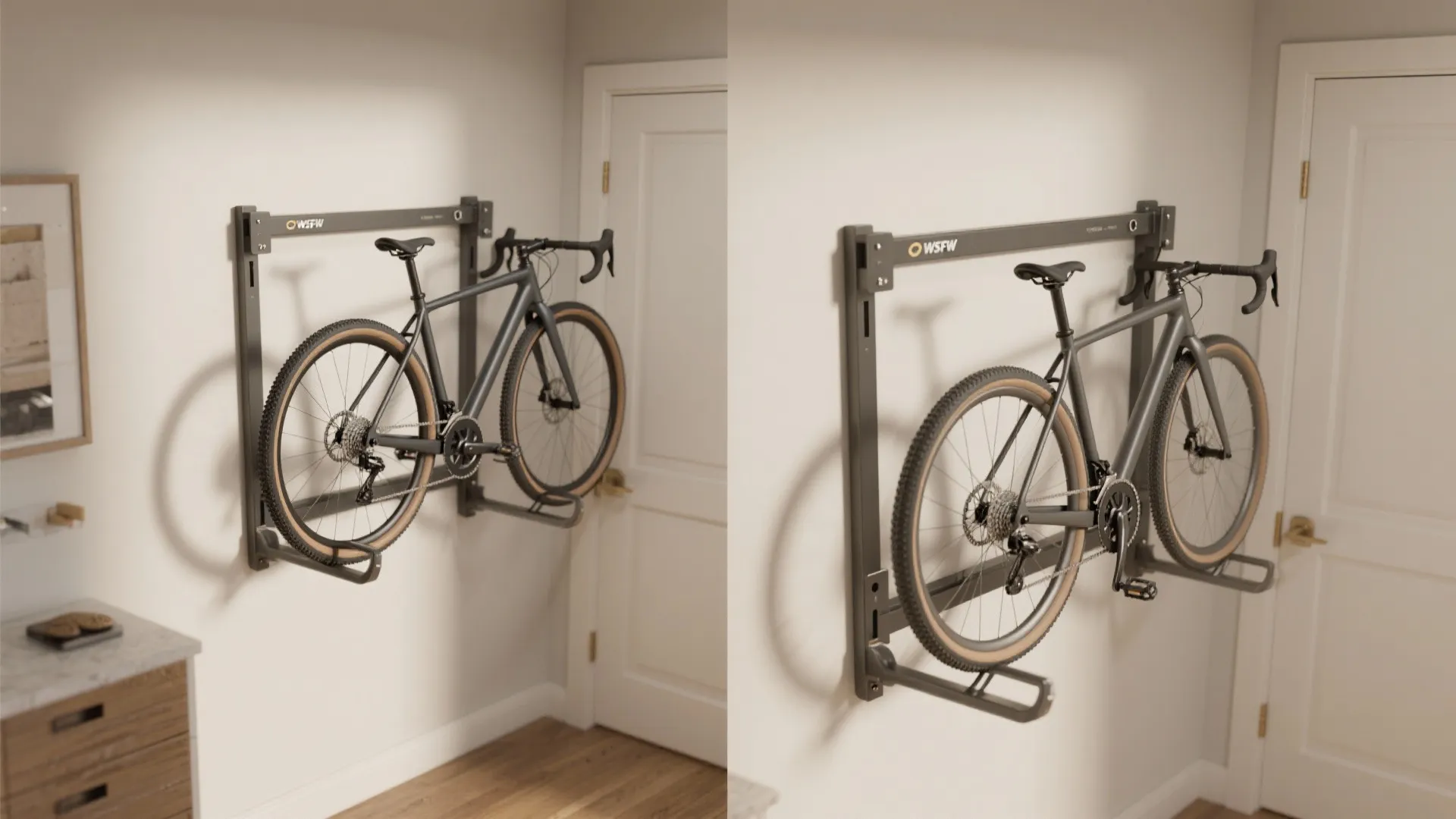 Bicycle mounted on a wall rack beside a white door and wooden floor in room