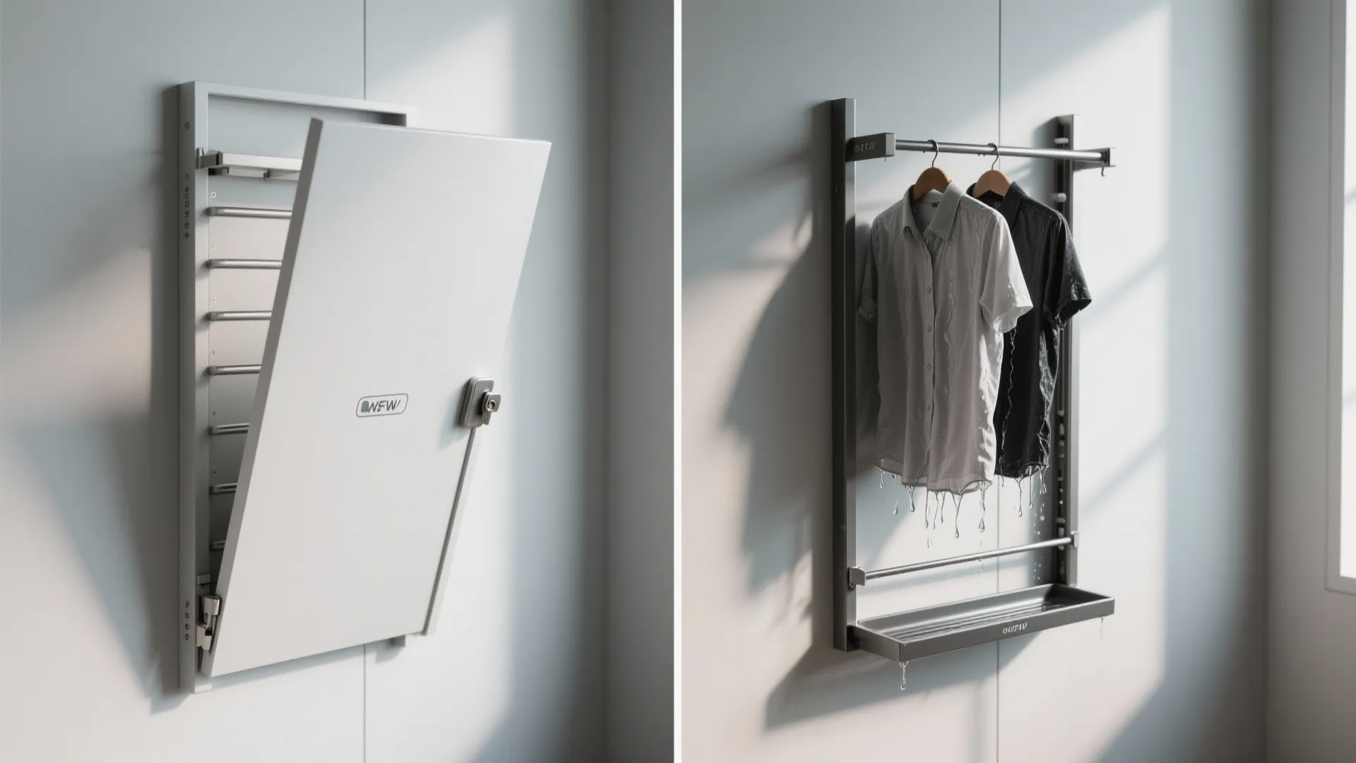 Before-and-after comparison of a closed wall panel and an open drying rack for hanging clothes