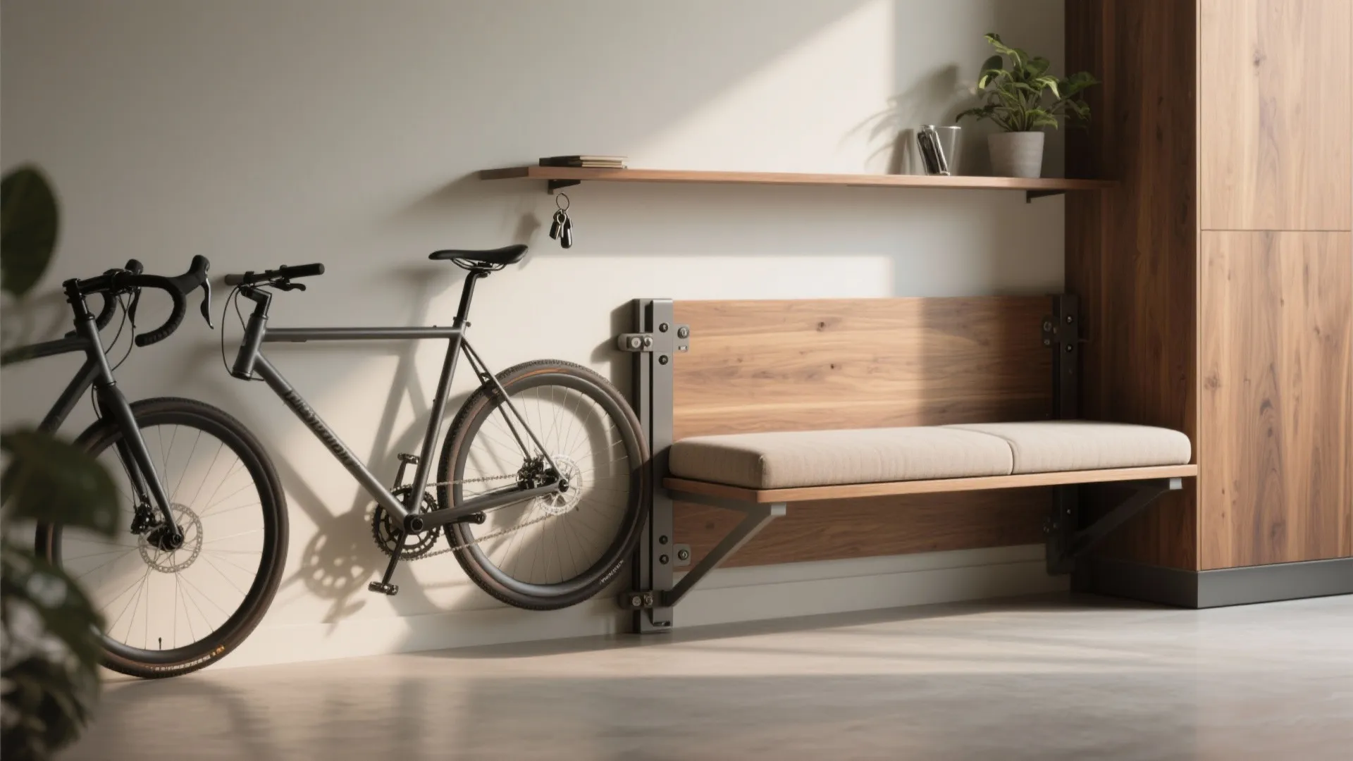 Modern entryway with a black bicycle mounted on the wall next to a wooden bench