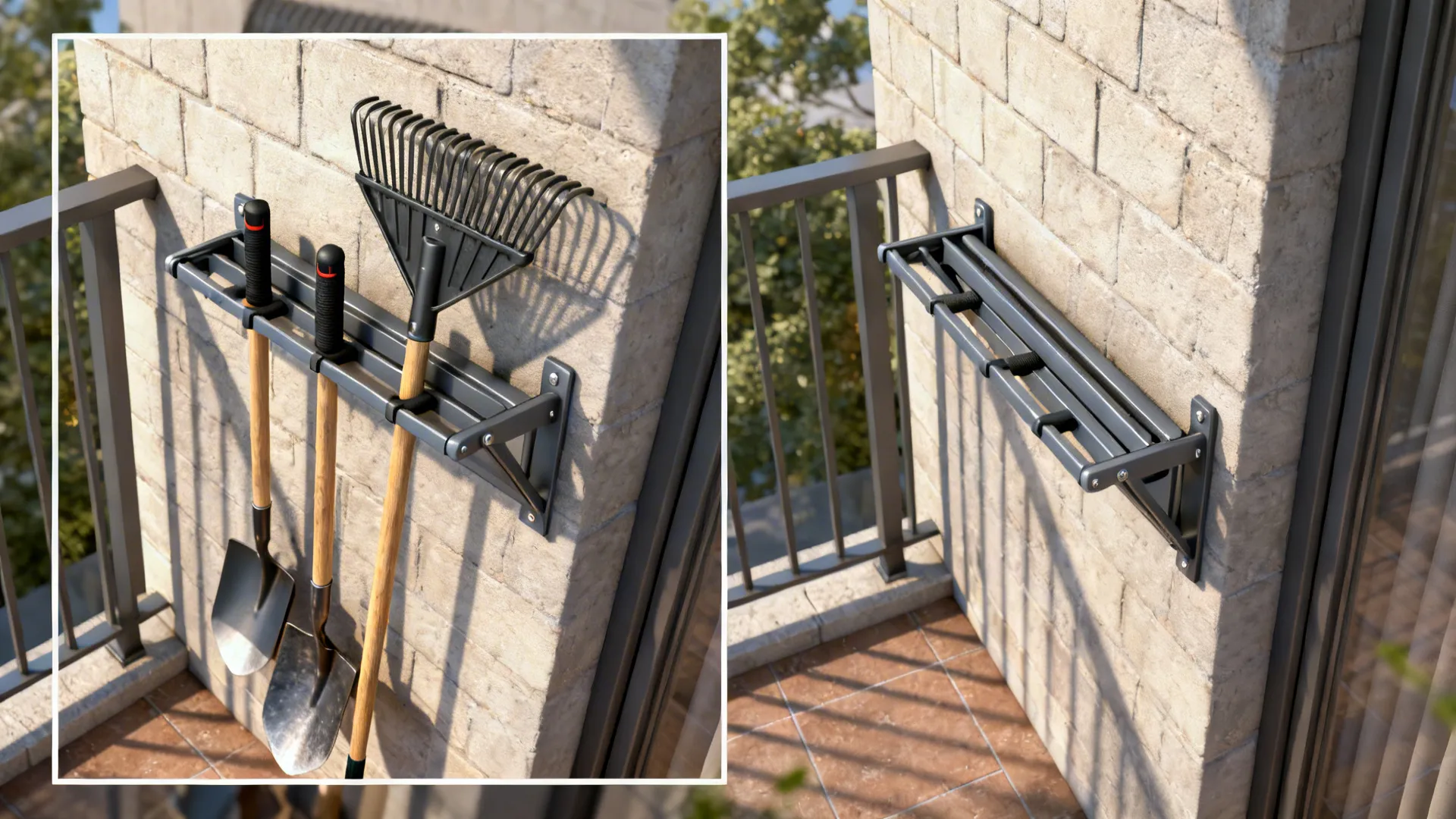 Fold-down wall rack shown extended with rakes and folded flat to save space on a narrow balcony.