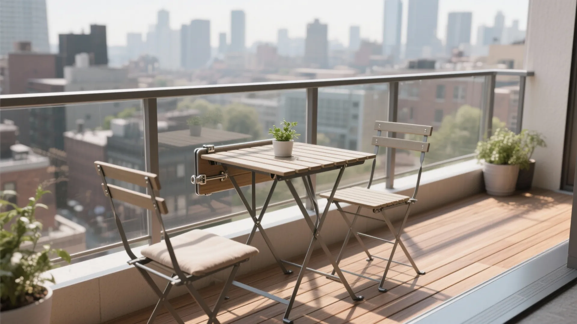Modern balcony with wooden floor and folding table overlooking city buildings and a clear sky