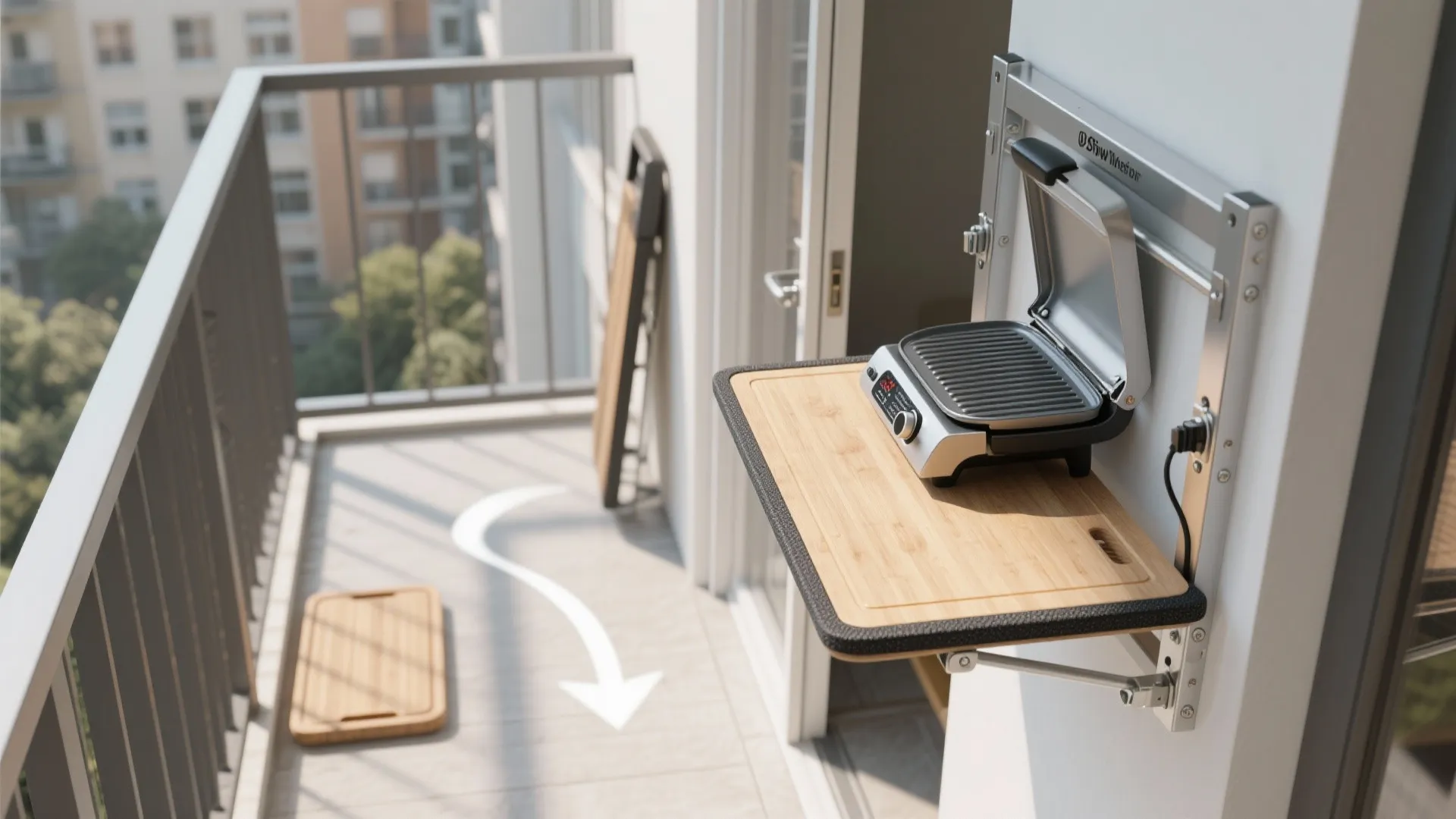 Fold-Down Grill Station with Rail-Mounted Prep