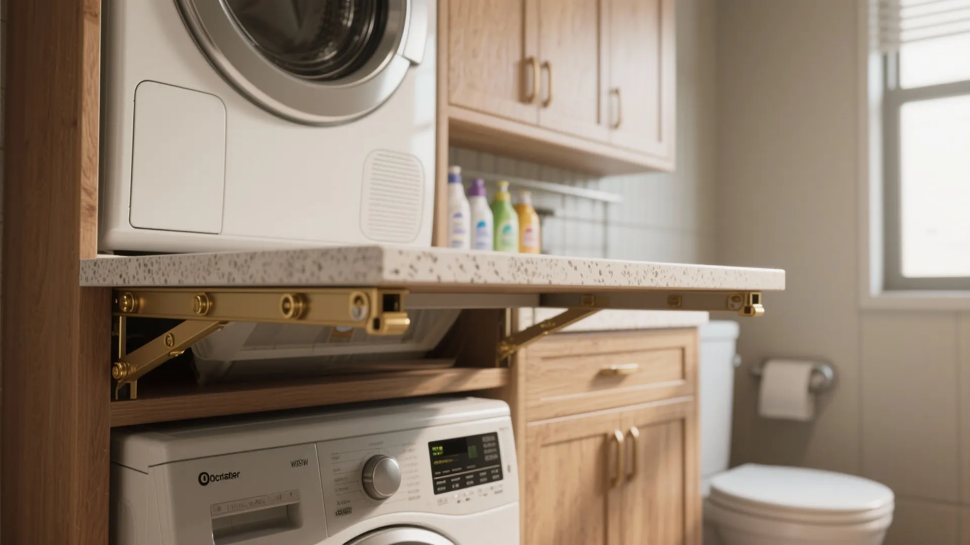 Close up view of laundry room folding table installed between white washing machine and dryer