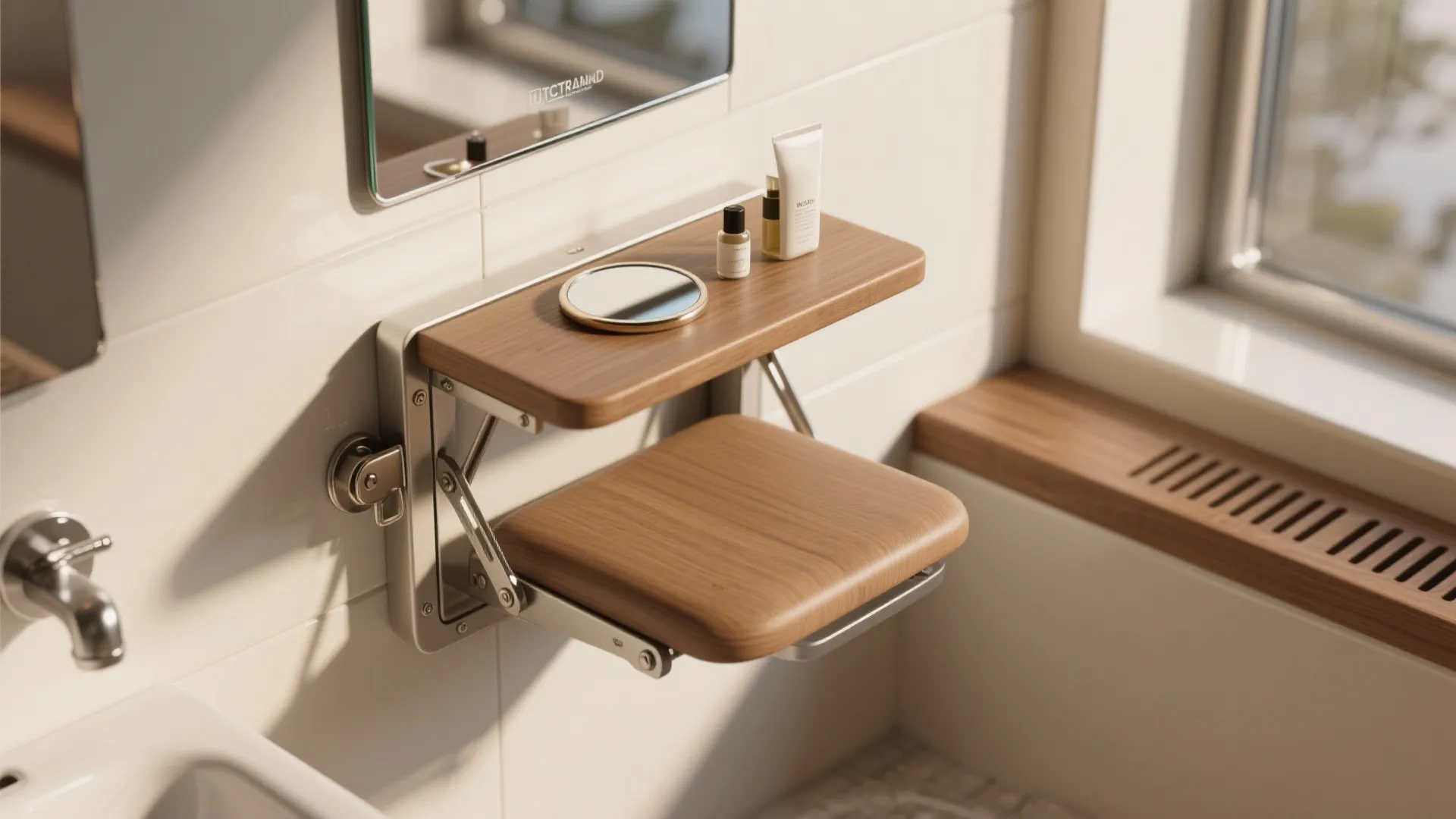 Wall mounted wooden folding seat and small shelf with skin care products in tiled bathroom