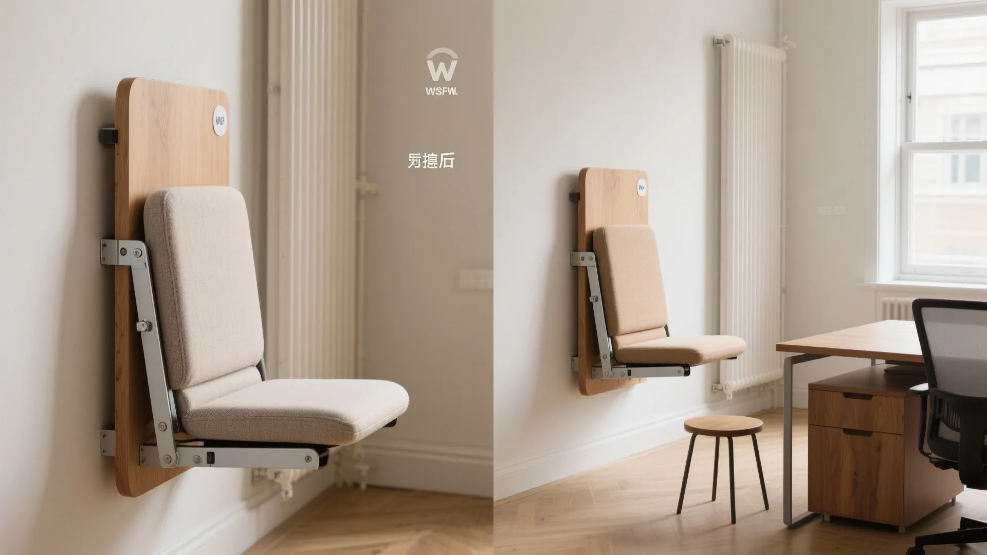 Wall mounted folding chair in a modern office next to a wooden desk and window