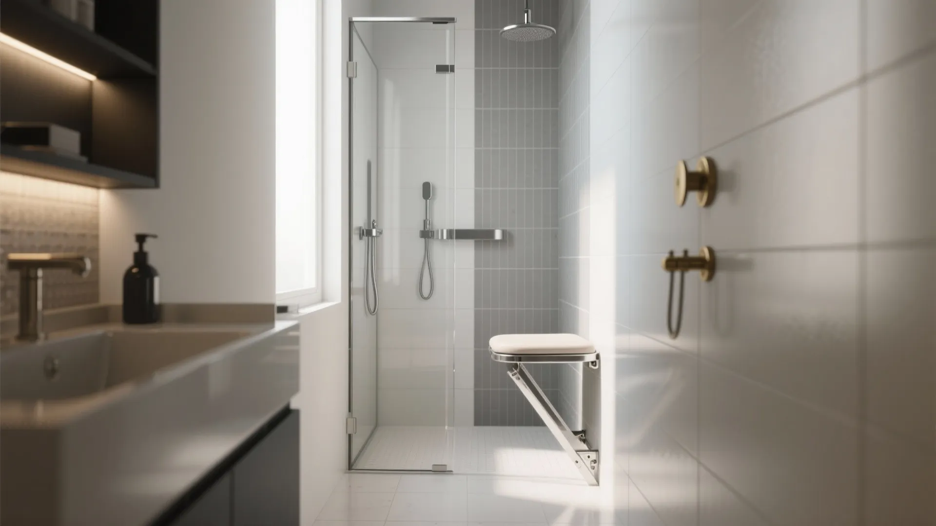 Minimal fold-down wall-mounted shower seat folded up in a narrow alcove, stainless bracket on contrasting tile.