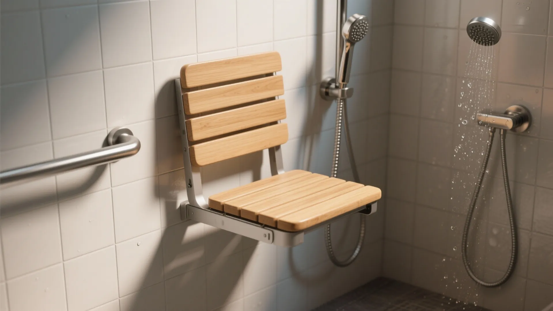 Wooden folding seat mounted on white tile wall inside a shower area with silver handle