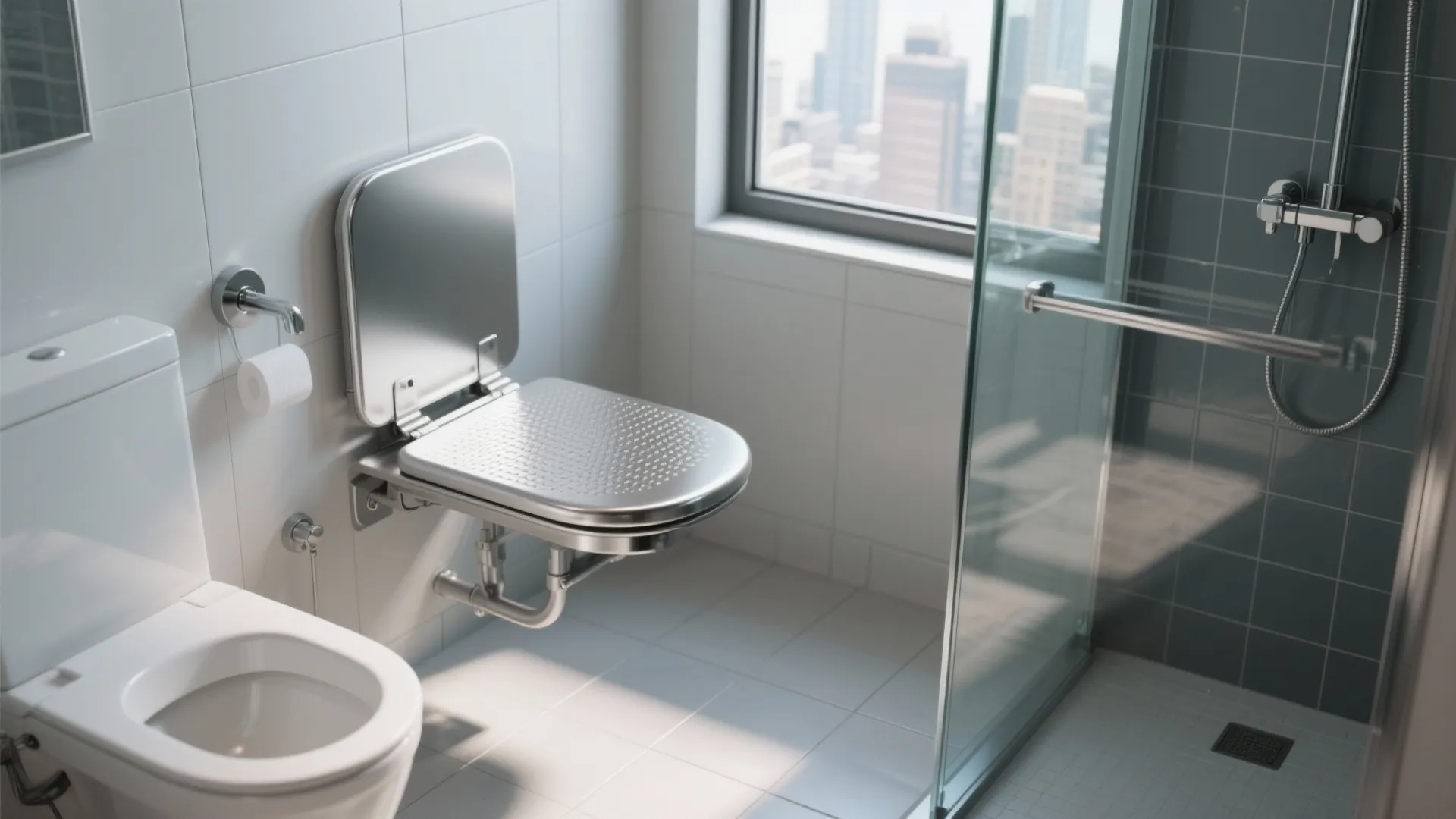 Small bathroom with a stainless fold-down wall seat under a window, keeping the floor clear.