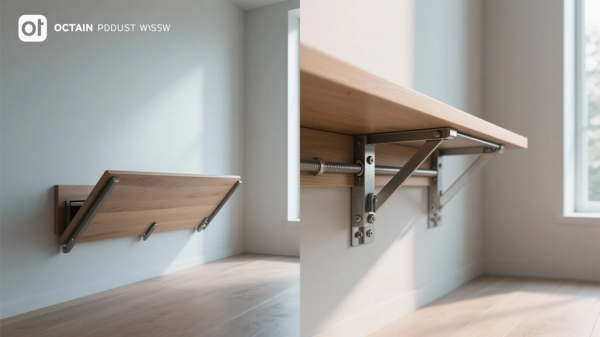 Before-and-after comparison of a wooden wall table folding down and its metal support bracket details