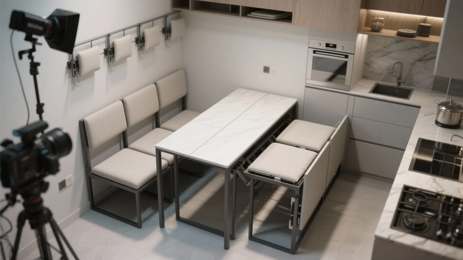 Small kitchen showing a marble dining table and folding chairs filmed by a professional camera