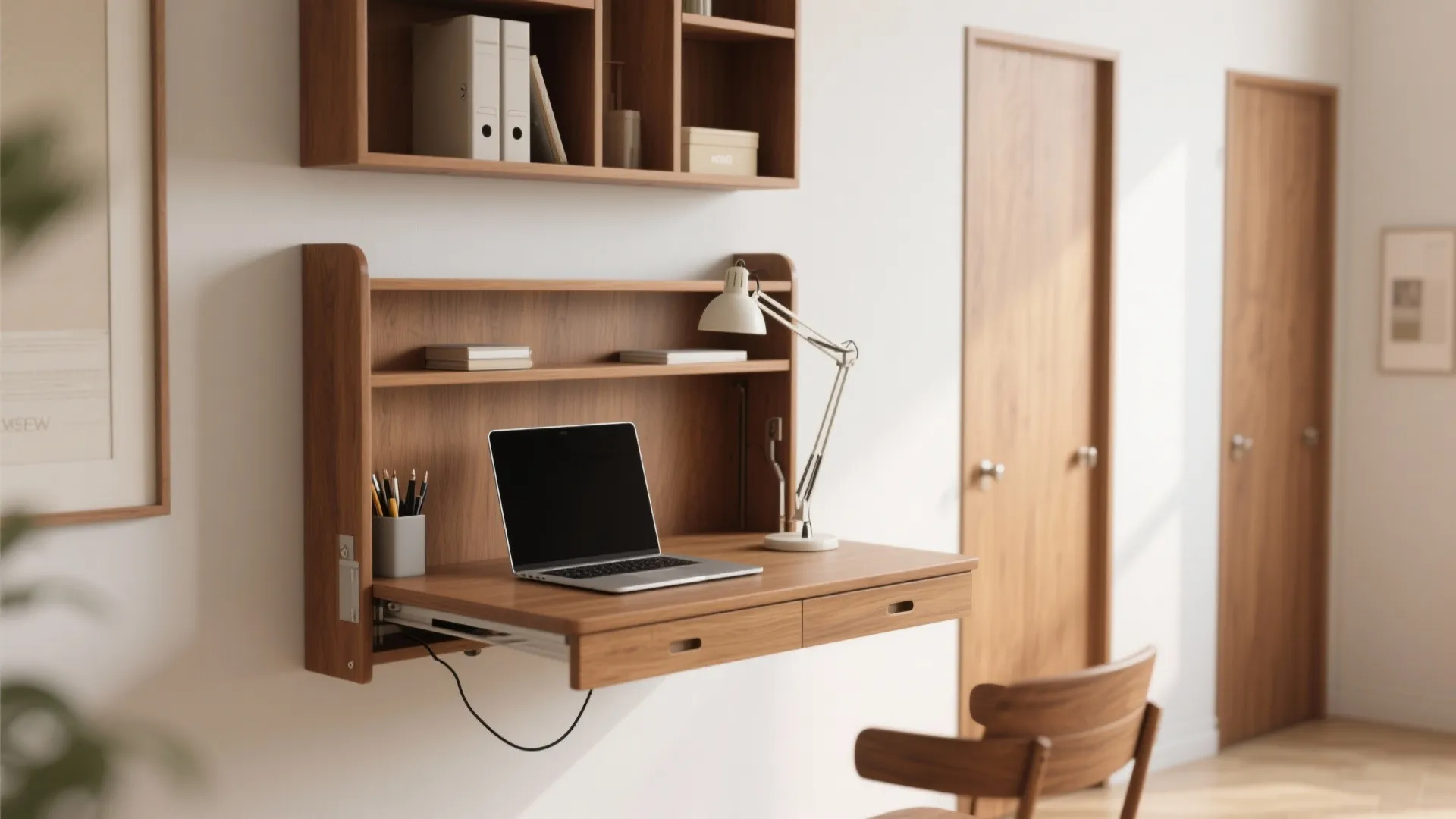 Wall mounted wooden desk with a laptop desk lamp and several drawers in a room