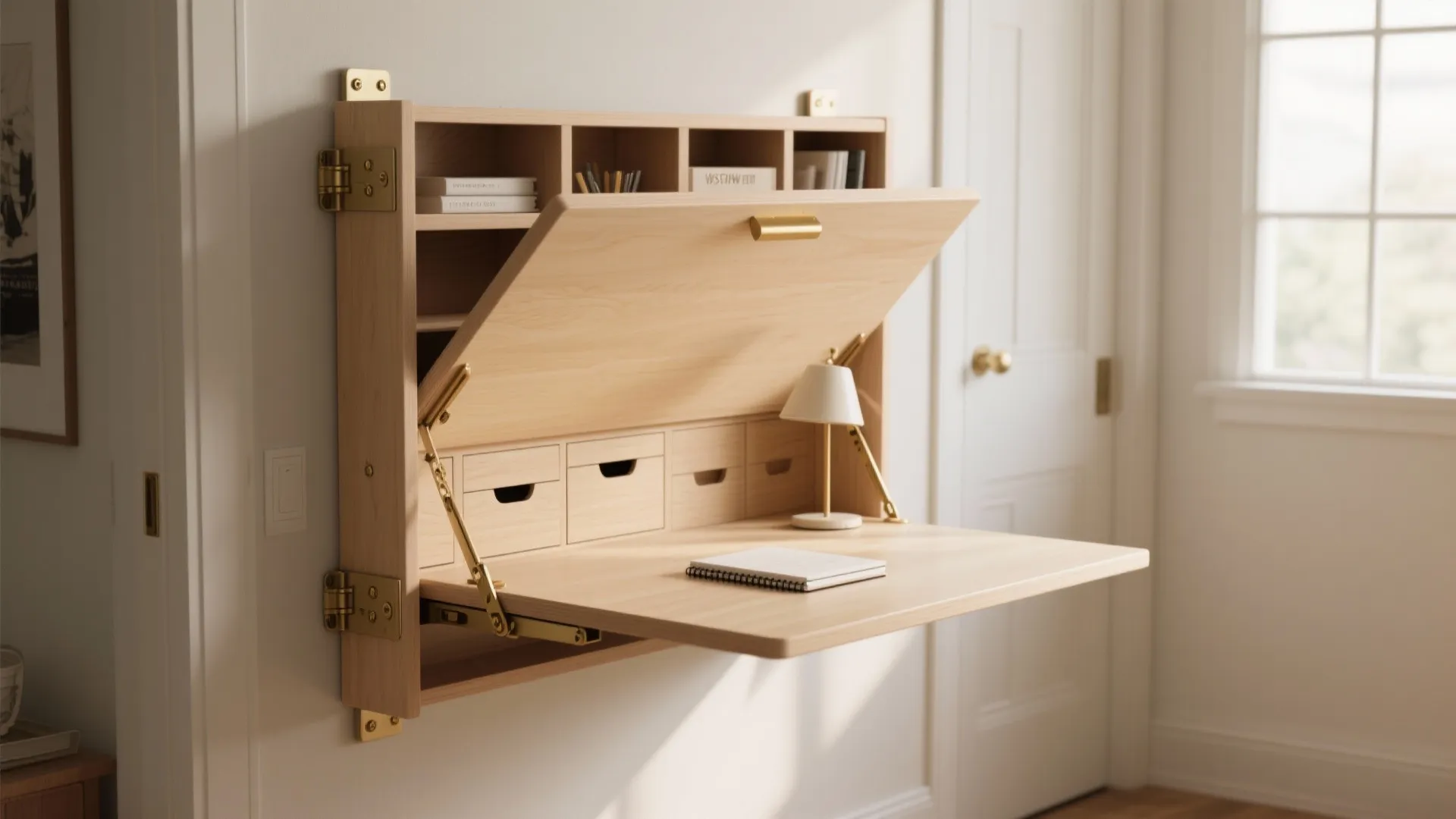 Wall mounted wooden desk with fold down table top small drawers shelf and small white lamp