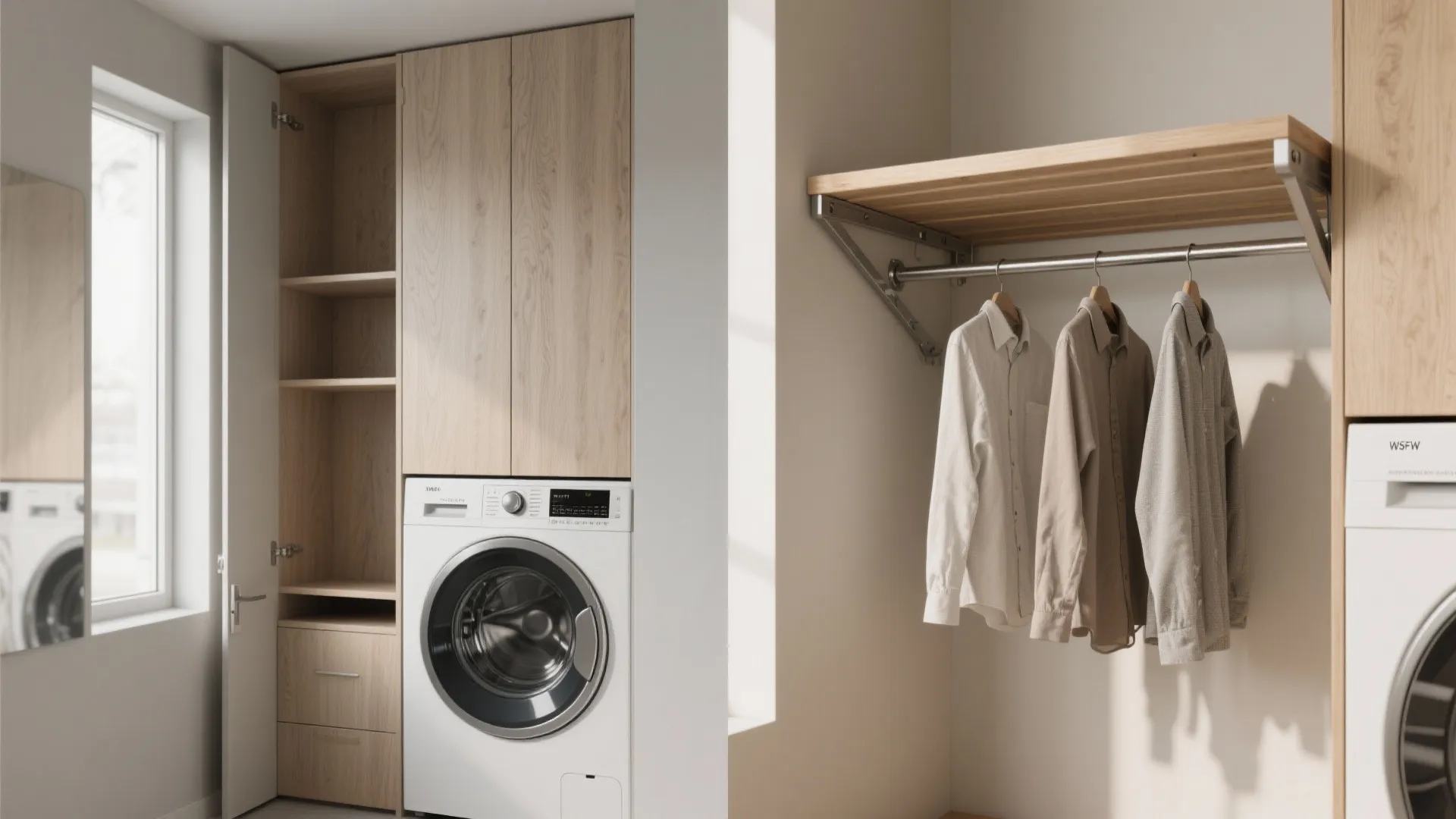 Laundry room interior design drawing showing a wooden cabinet storage and wall mounted clothes rack