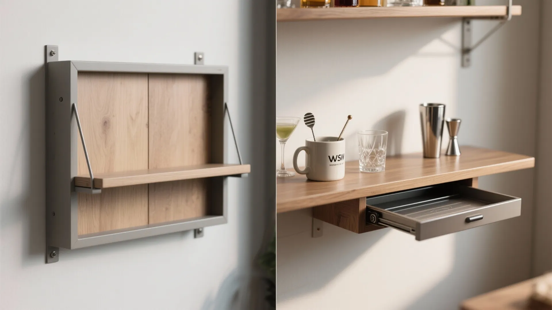 Before-and-after view of a fold-down wall shelf closed and then open as a mini bar with a rolling tray underneath.