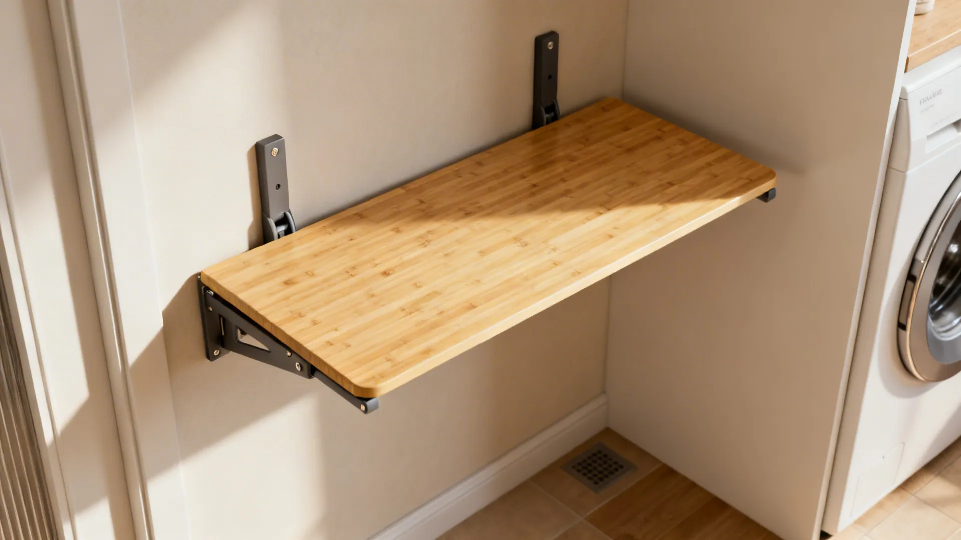 Fold-down bamboo-faced shelf used as an ironing and folding station in a tiny laundry room.