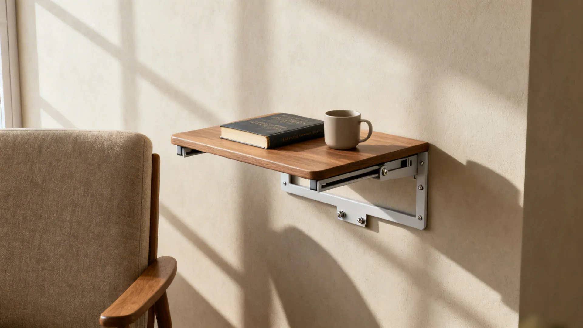 Wall mounted folding wooden shelf holding a book and coffee mug in a bright room