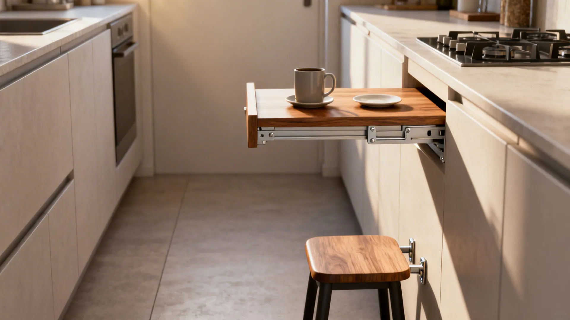 Wall-mounted fold-down breakfast shelf in a small galley kitchen, folded down with a stool and coffee mug.