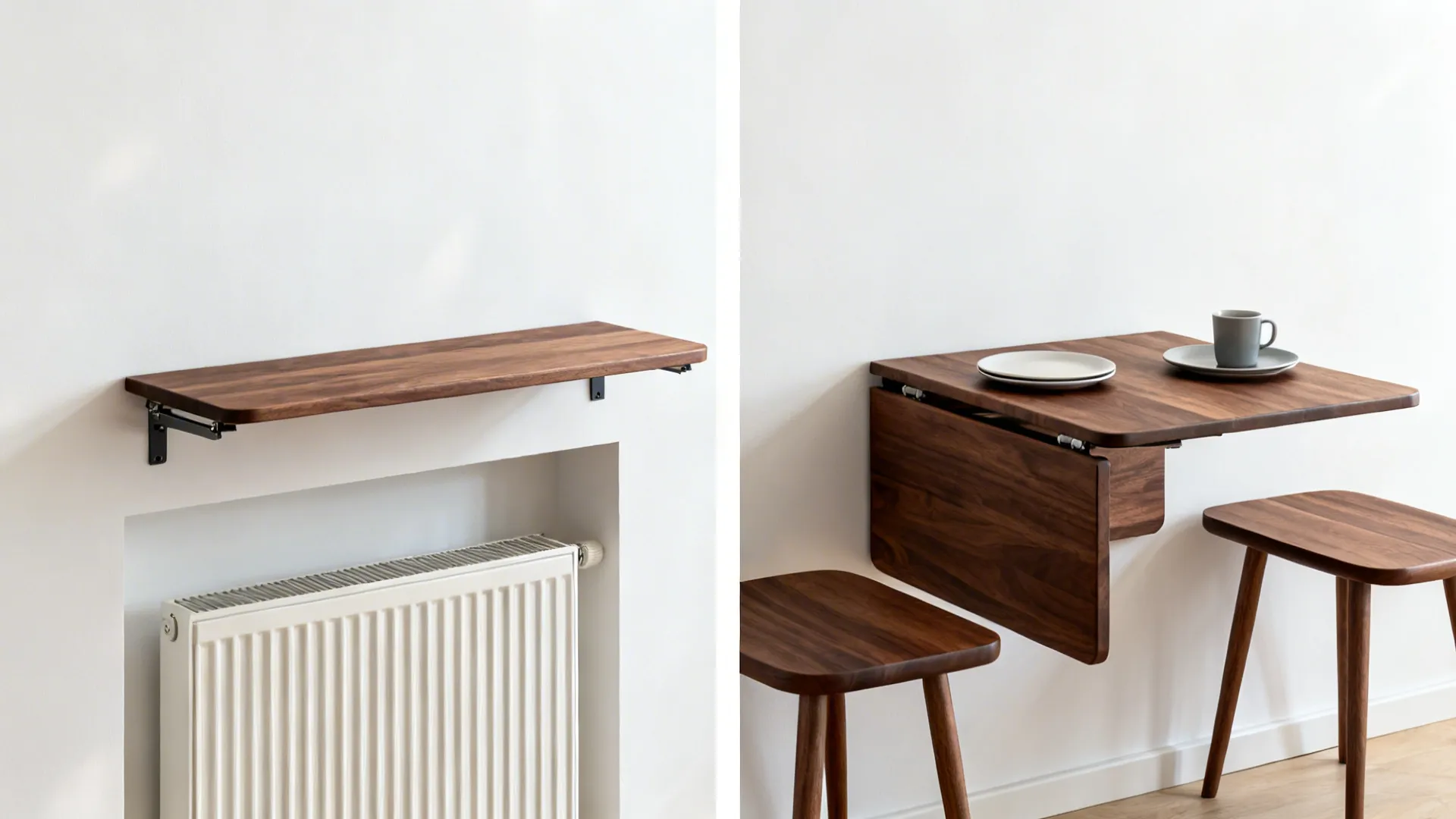 2) Fold-down wall tables that double as shelves
