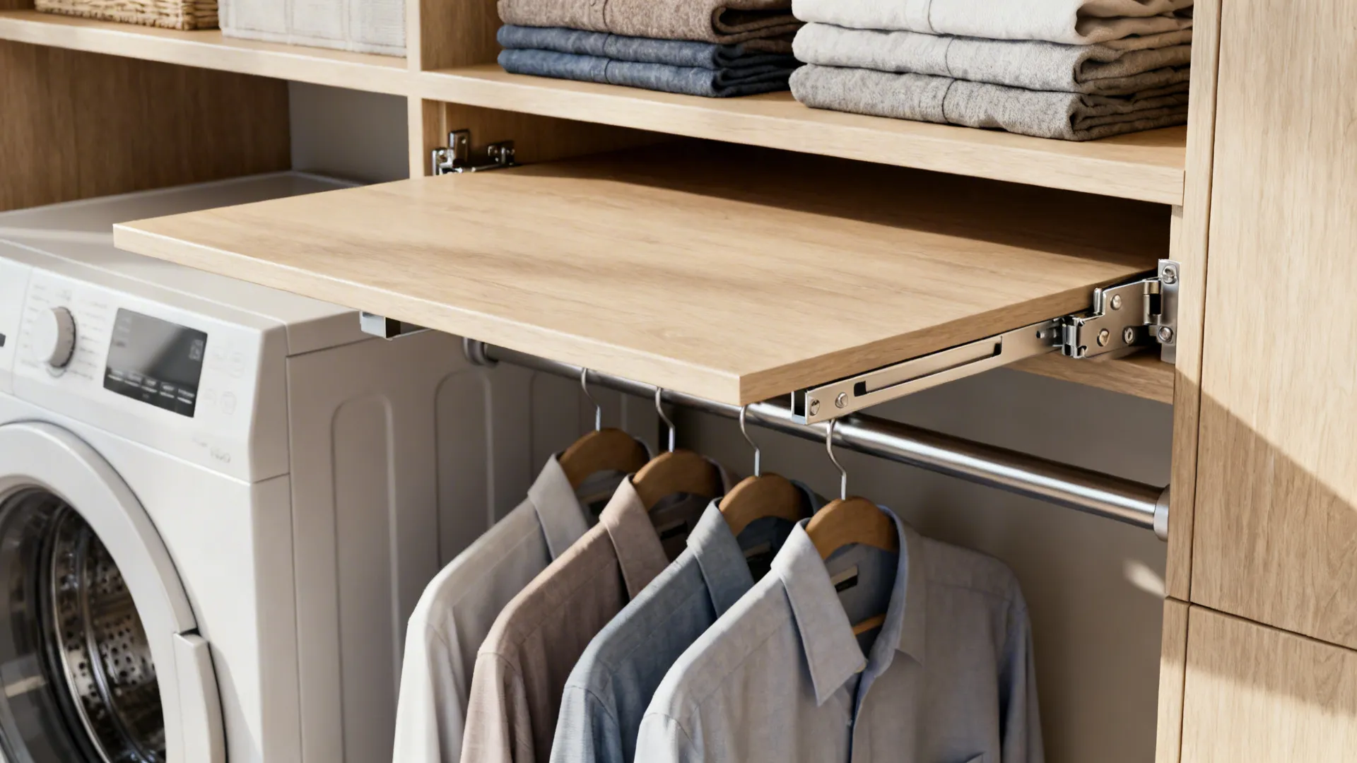 Fold-down shelf above washer with hanging rod beneath, shown half-open for folding and drying delicates