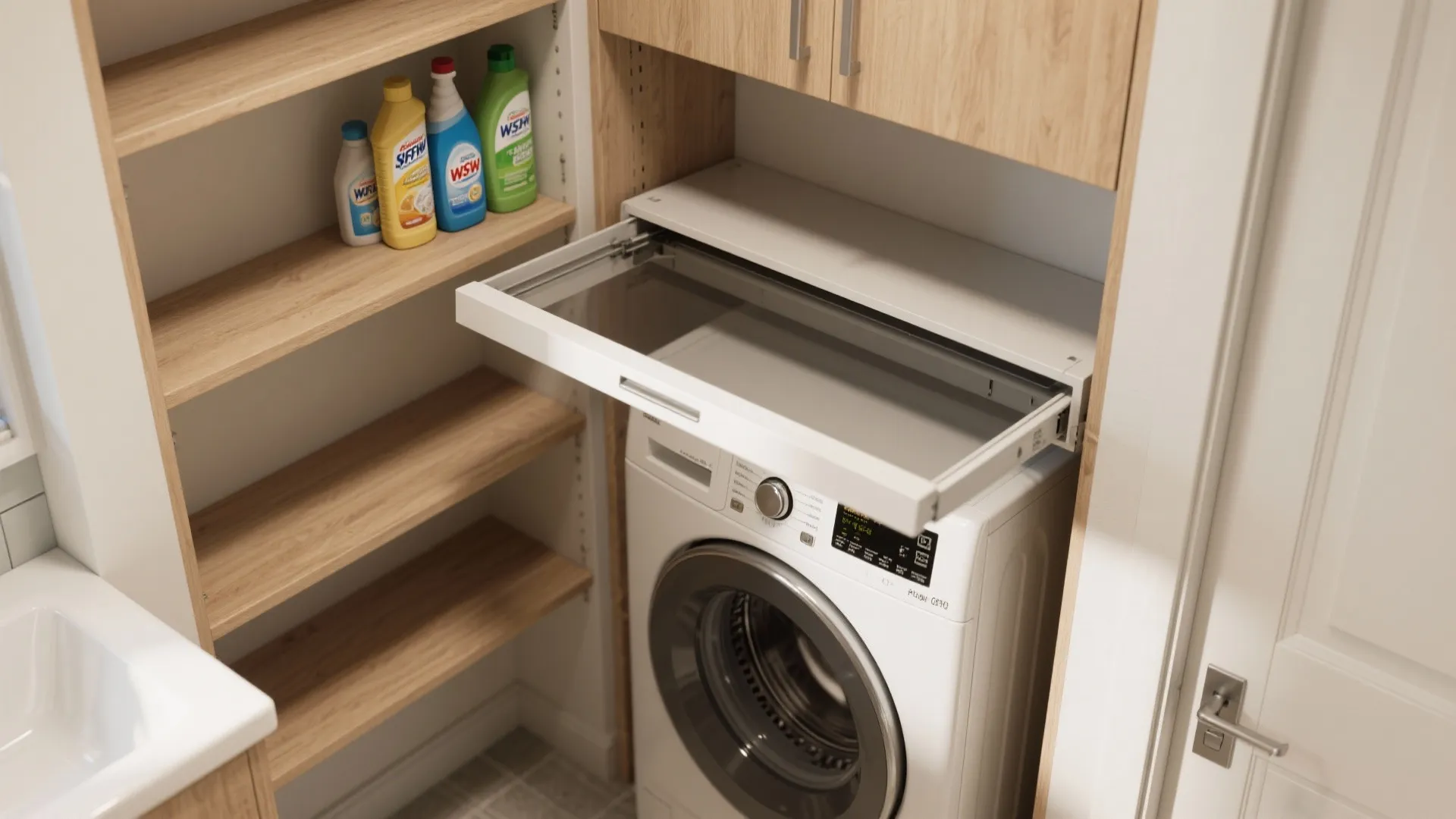 3. Use fold-down counters and clever shelving above the machine