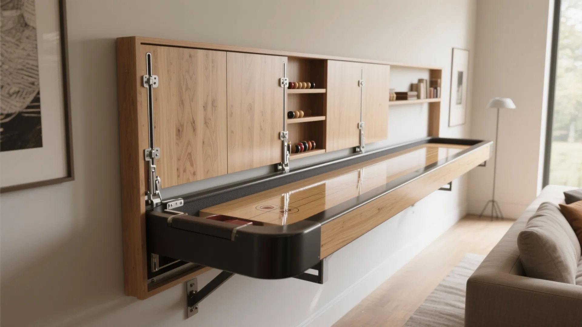 Wall-mounted fold-down shuffleboard that doubles as shelving or art when closed.