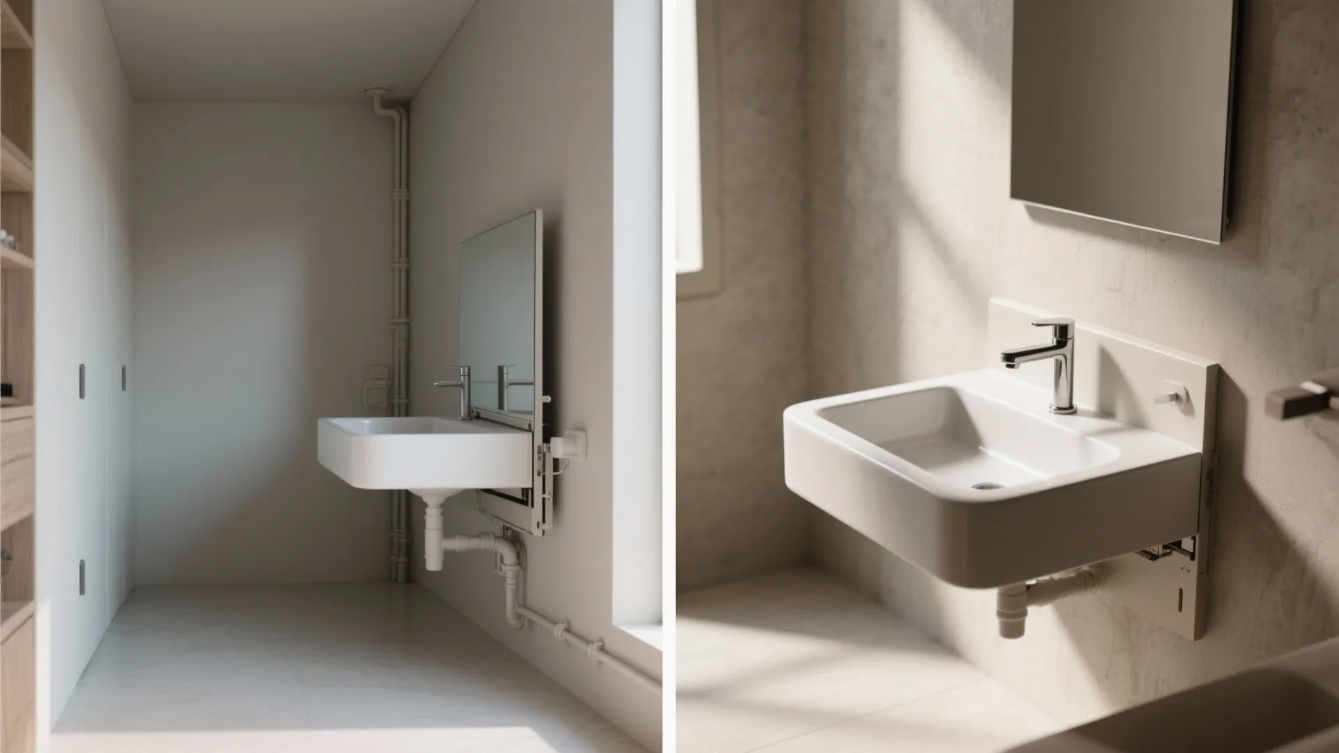 Side by side view of white wall mounted sink with exposed plumbing pipes and mirror