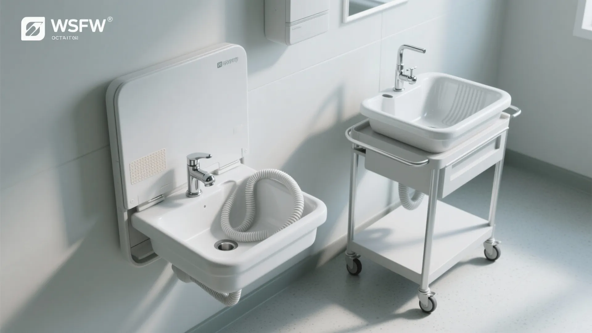 Top-down view of a fold-down wall sink and portable shampoo basin on a cart