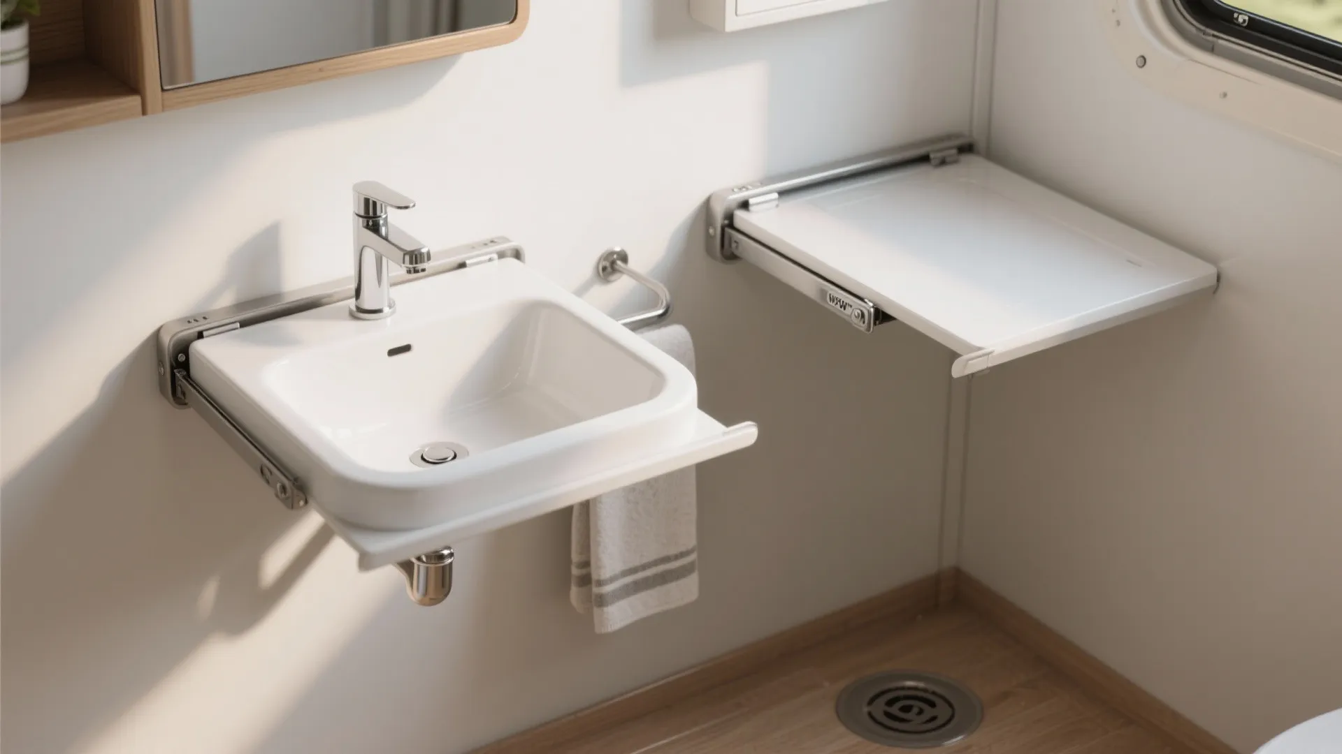 Wall-mounted fold-down sink shown folded up and down to illustrate saved floor space.