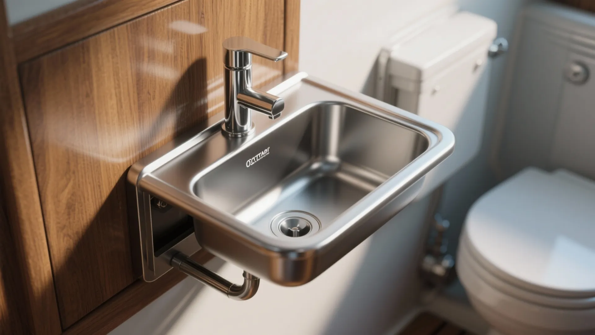 Stainless steel sink with chrome faucet mounted on a wood wall near a white toilet