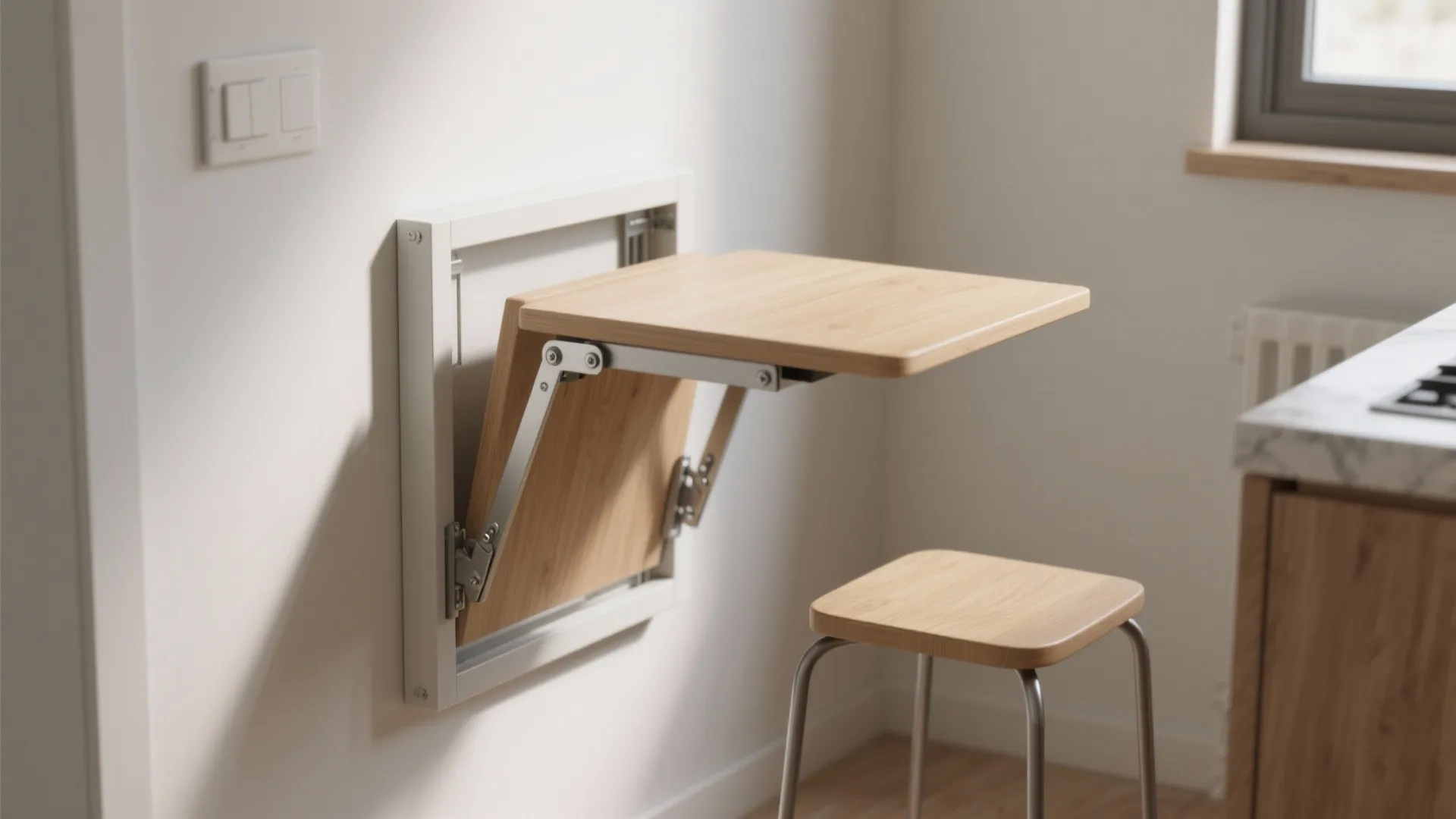 1. Fold-down square table against the wall