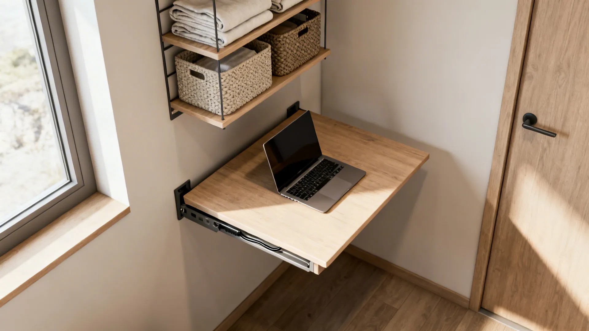 Wall mounted folding wooden desk with a laptop below wooden shelves and woven storage baskets