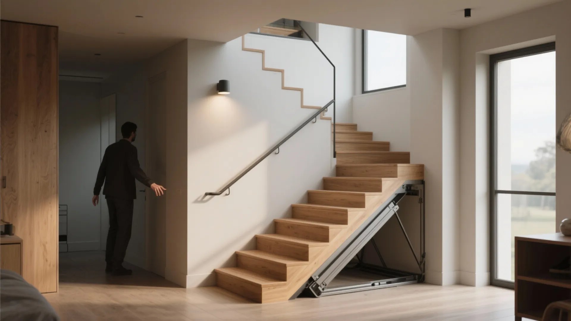 Angled fold-down stairs providing loft access in a low-ceiling interior showing clear headroom.