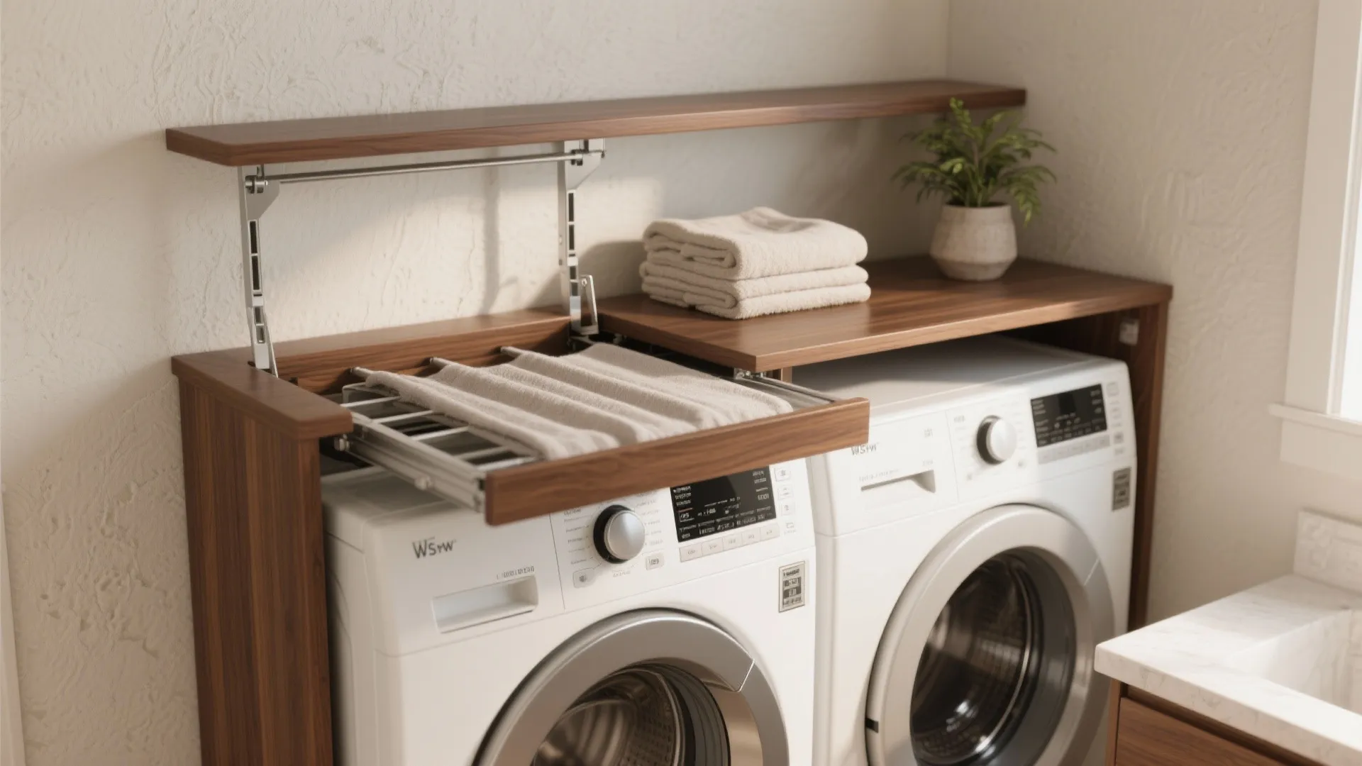 Wood laundry counter with fold-down drying rack over white washing machines and a small plant