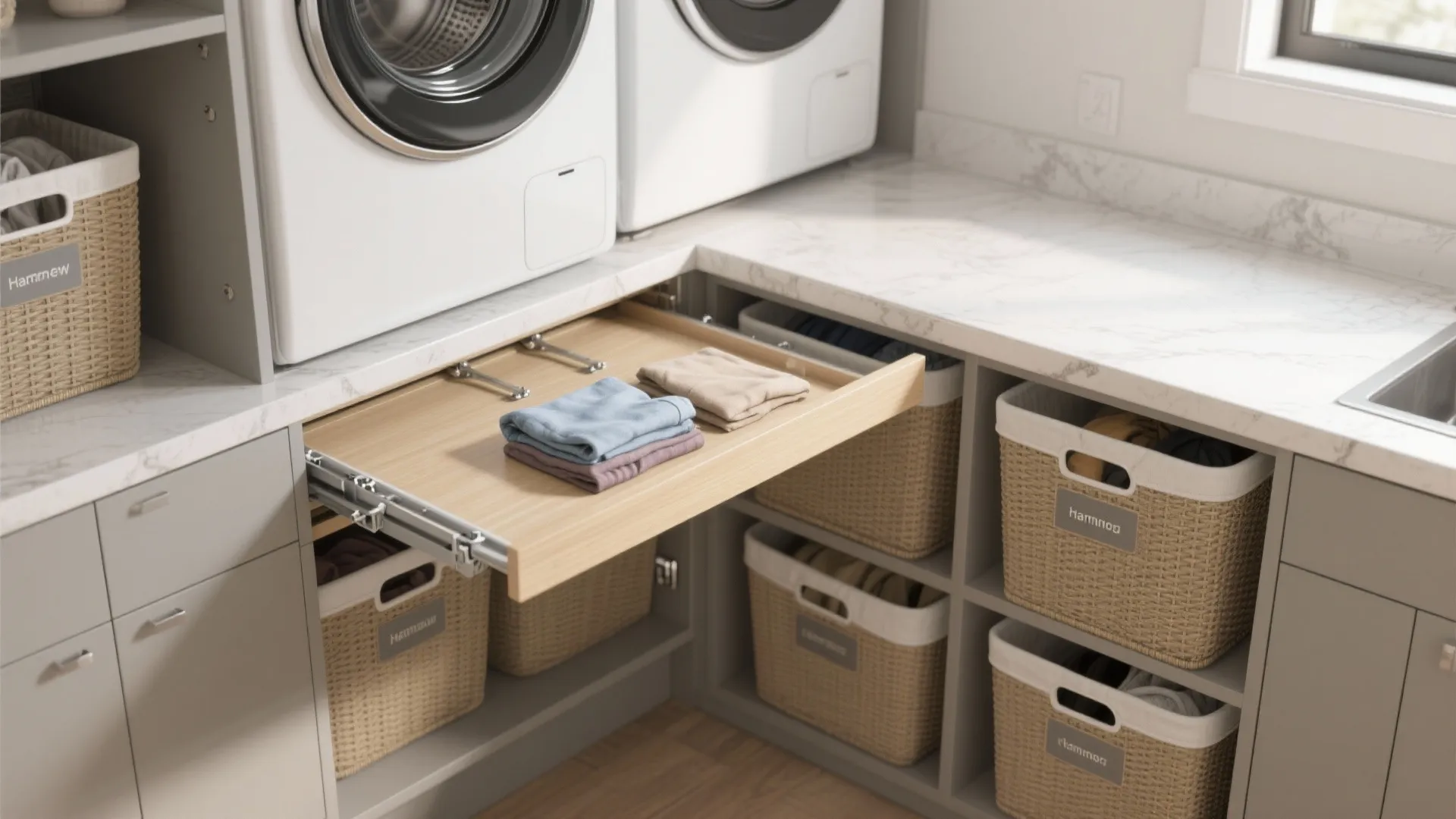 Fold-down Folding Station with Integrated Hampers