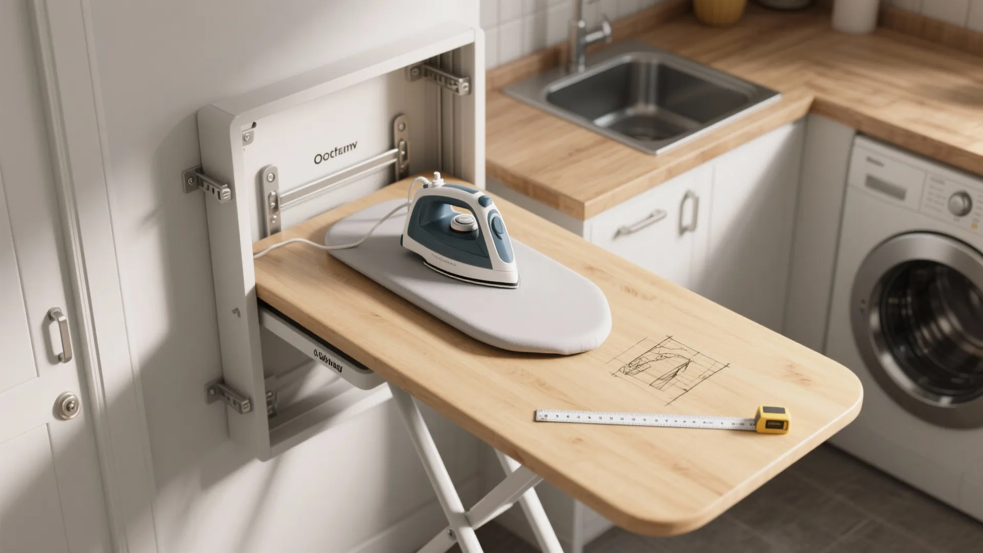 Foldable wall mounted ironing board in kitchen laundry area with iron sink and washing machine