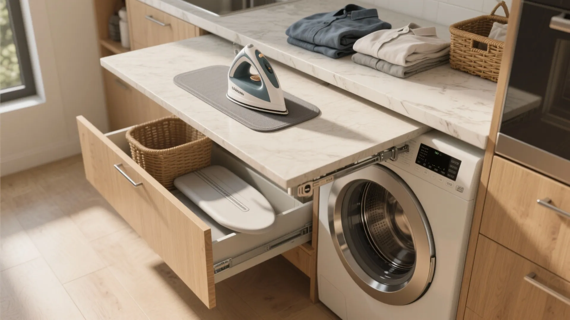 Pull out laundry table with iron and folded clothes above a washing machine in kitchen