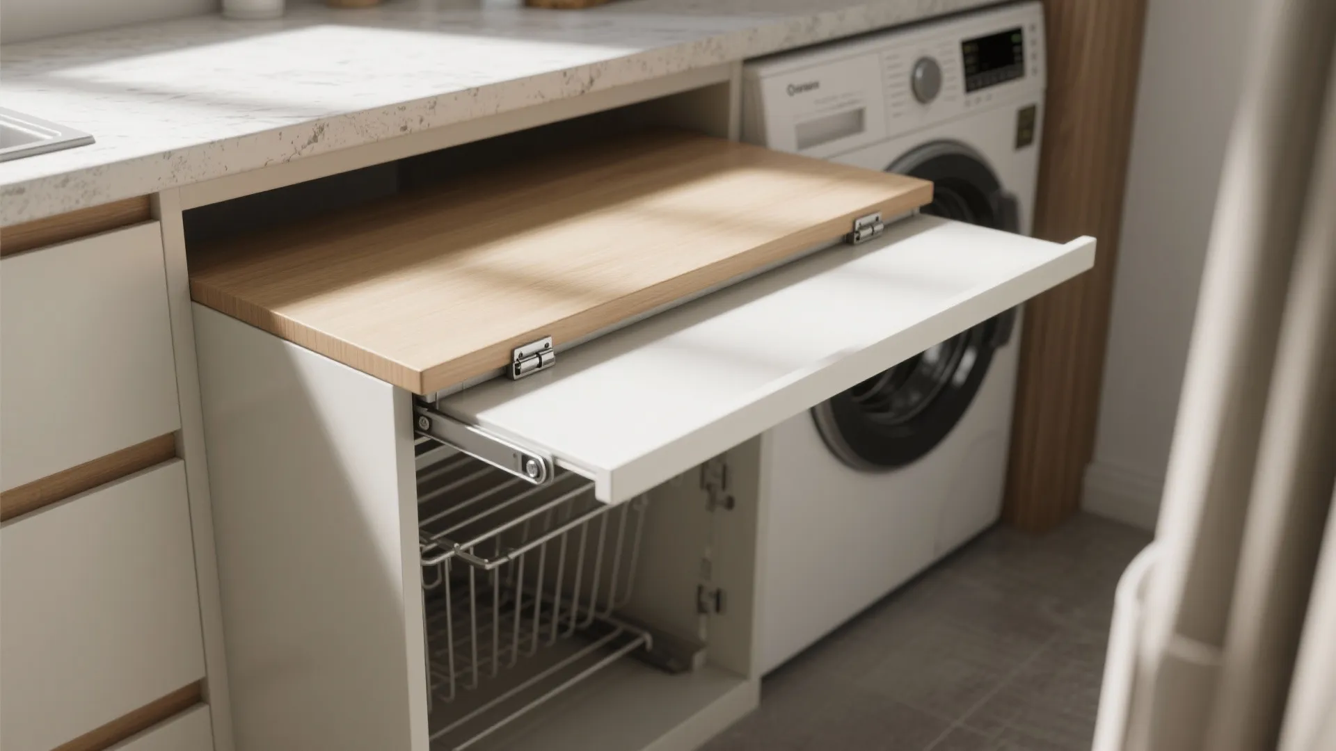 White laundry room cabinet with pull out wooden folding table next to a washing machine appliance