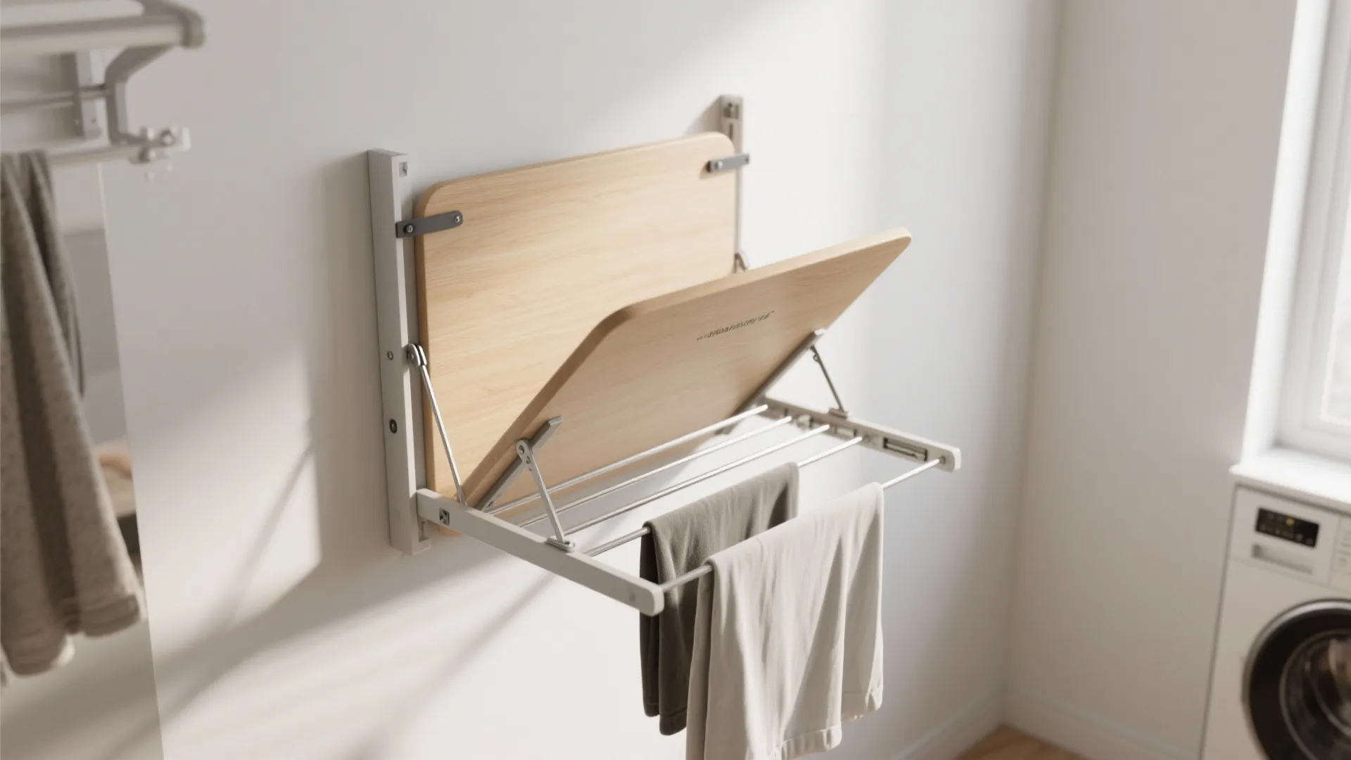 Wall mounted wooden fold down laundry rack with clothes hanging in a bright modern space