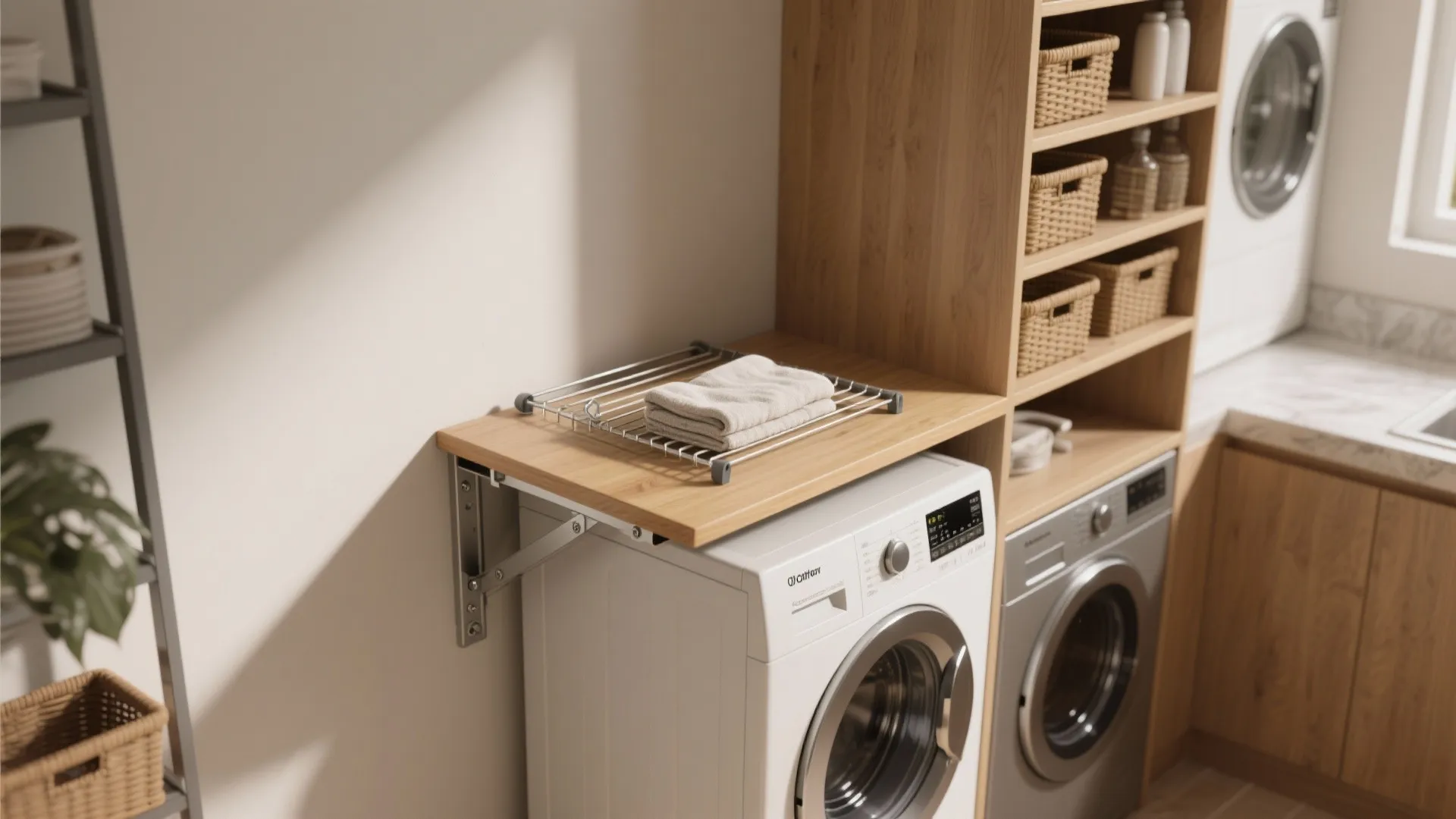 Fold-down wall-mounted table above washer used as folding and drying station with open shelving nearby