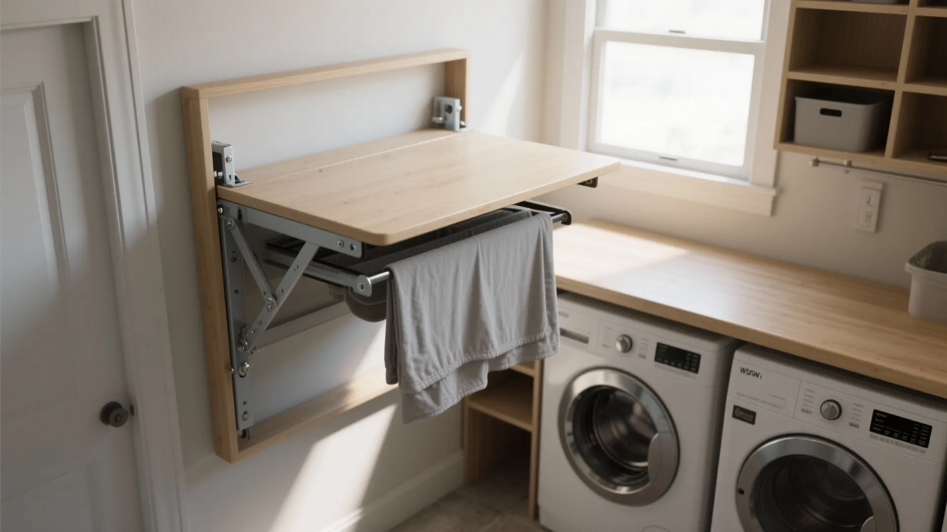 Fold down wooden table in laundry room with washing machine and gray towel on metal