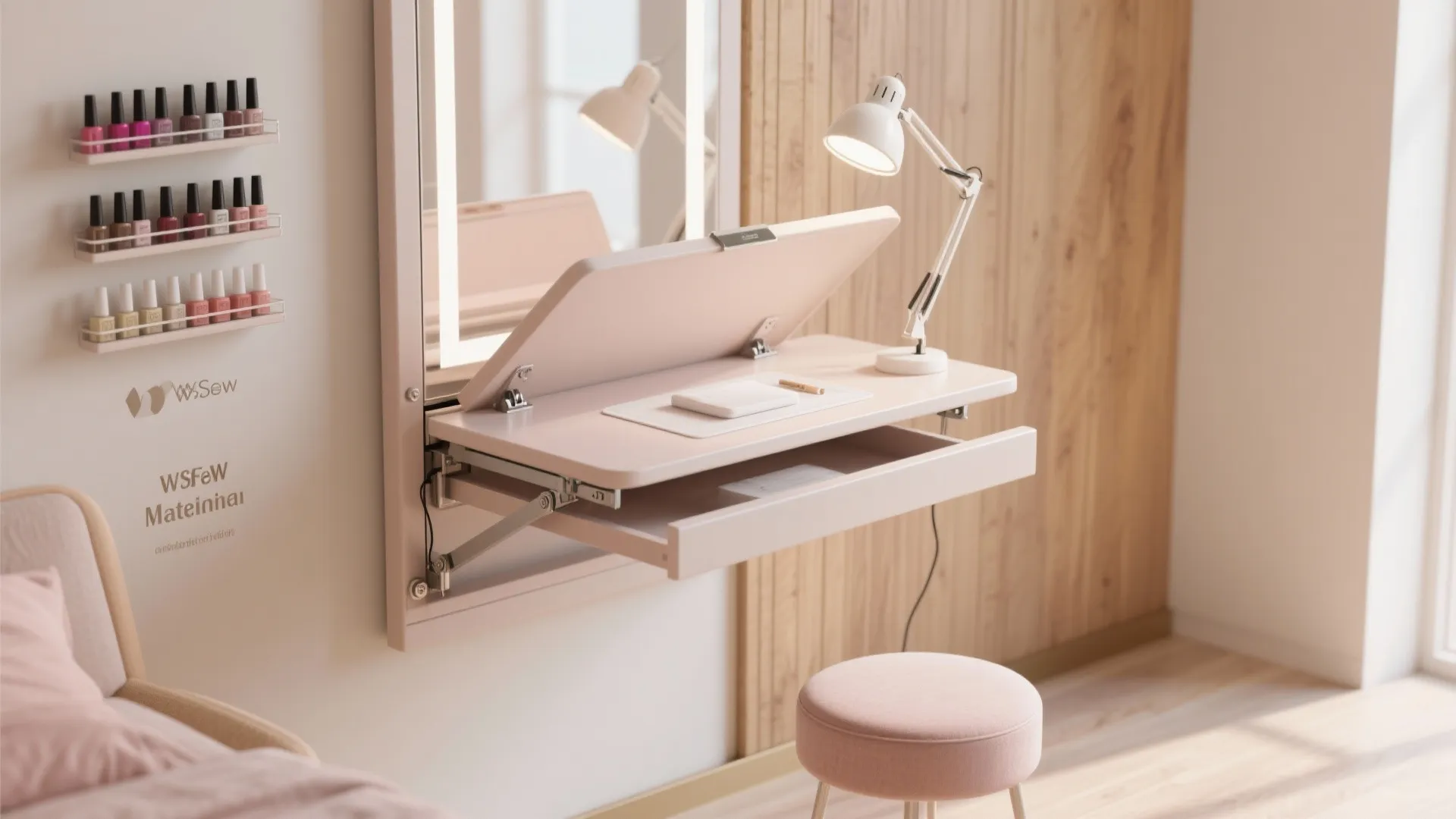 Pink wall mounted desk with folding top lit mirror desk lamp stool and nail polish