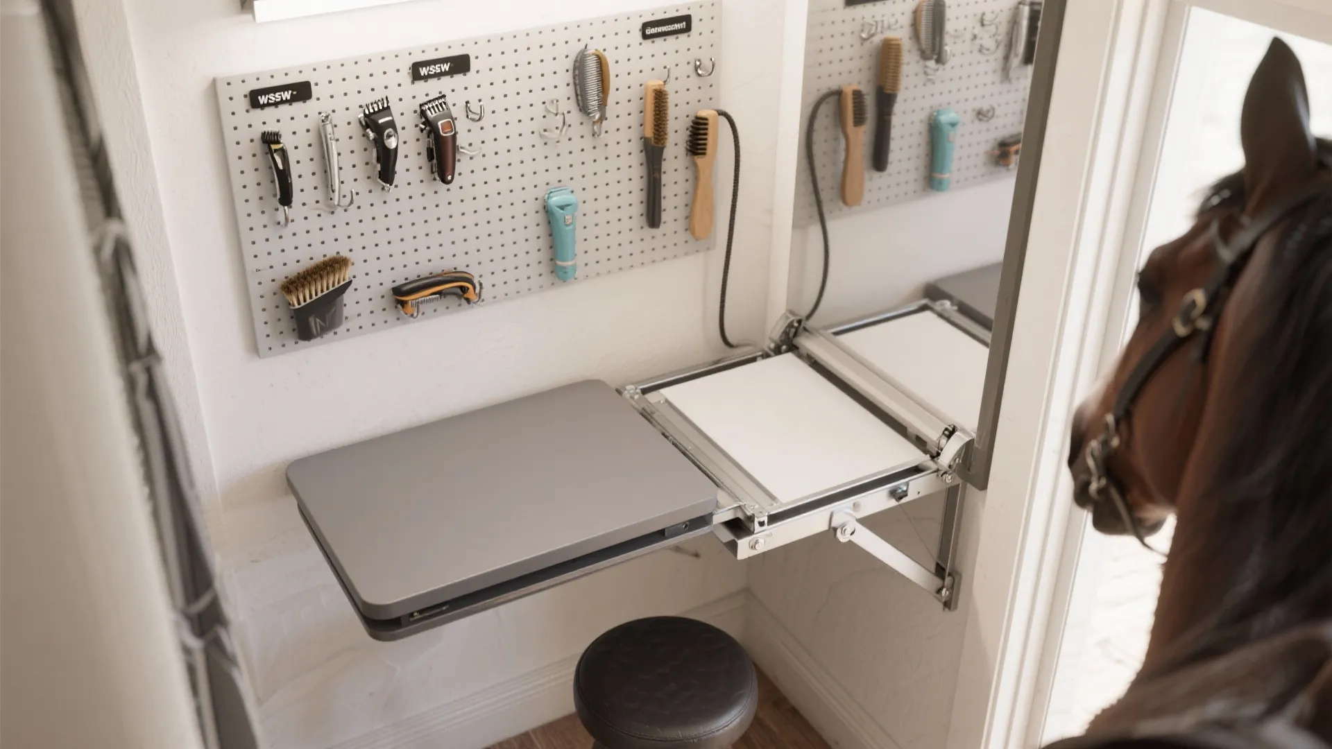 Foldable work table in a grooming room with wall mounted tools brushes and horse head