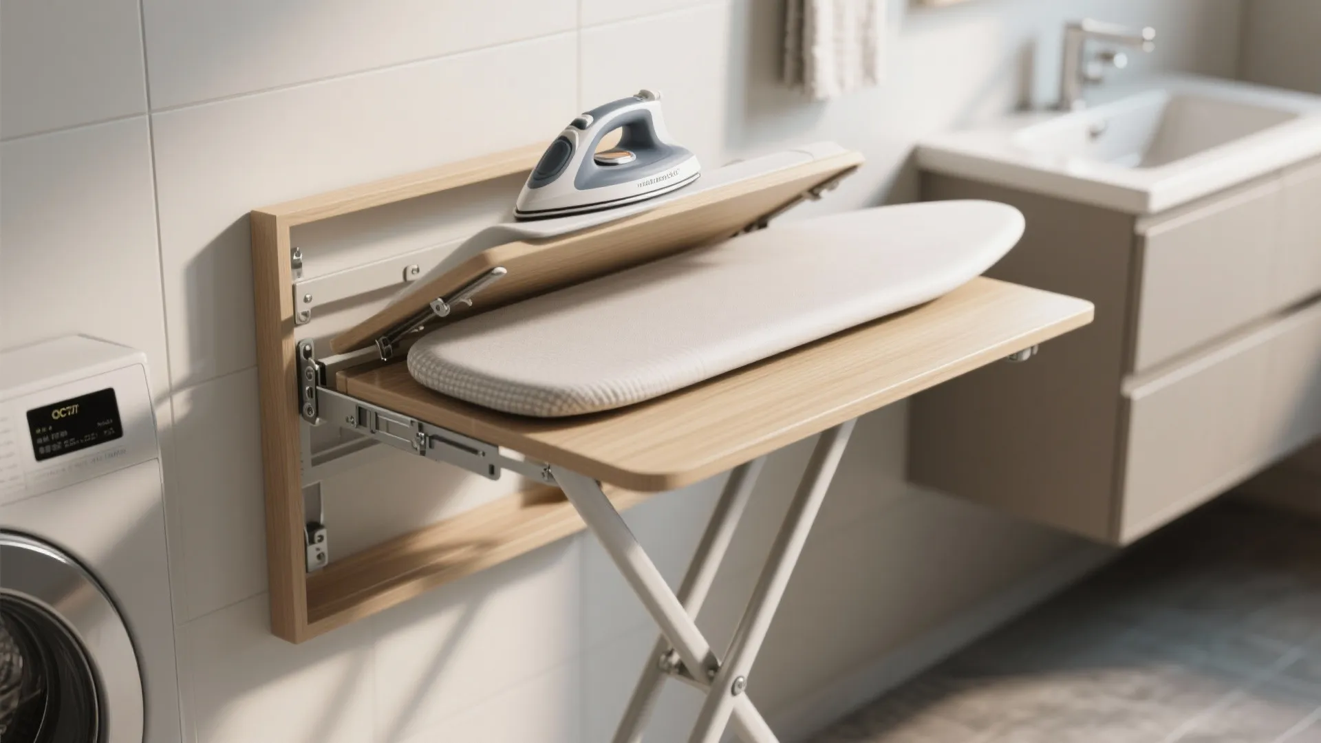 Foldable wooden wall mounted ironing board station with iron in modern laundry room by sink